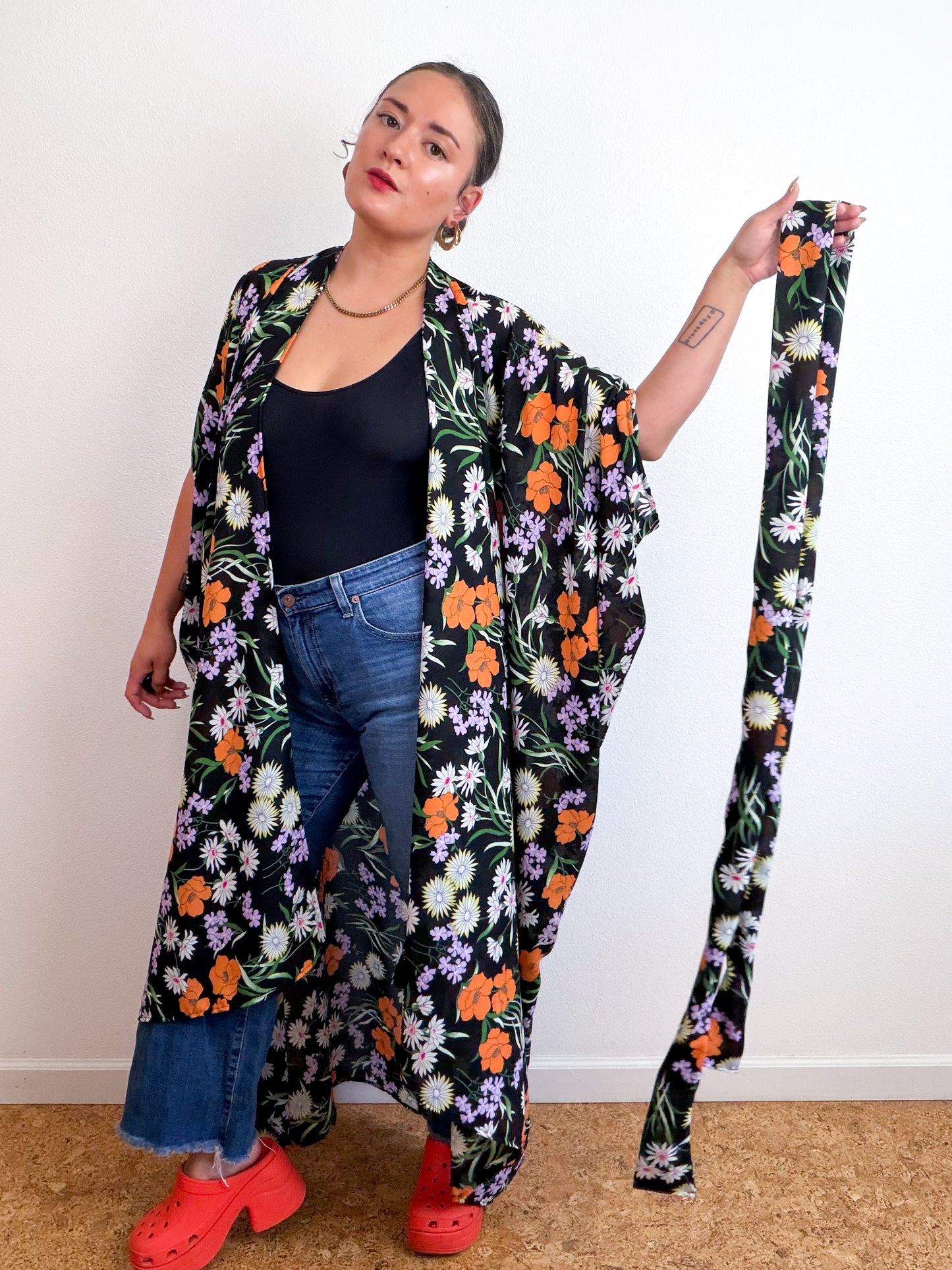 Print High Low Kimono Black Orange Wildflower Georgette