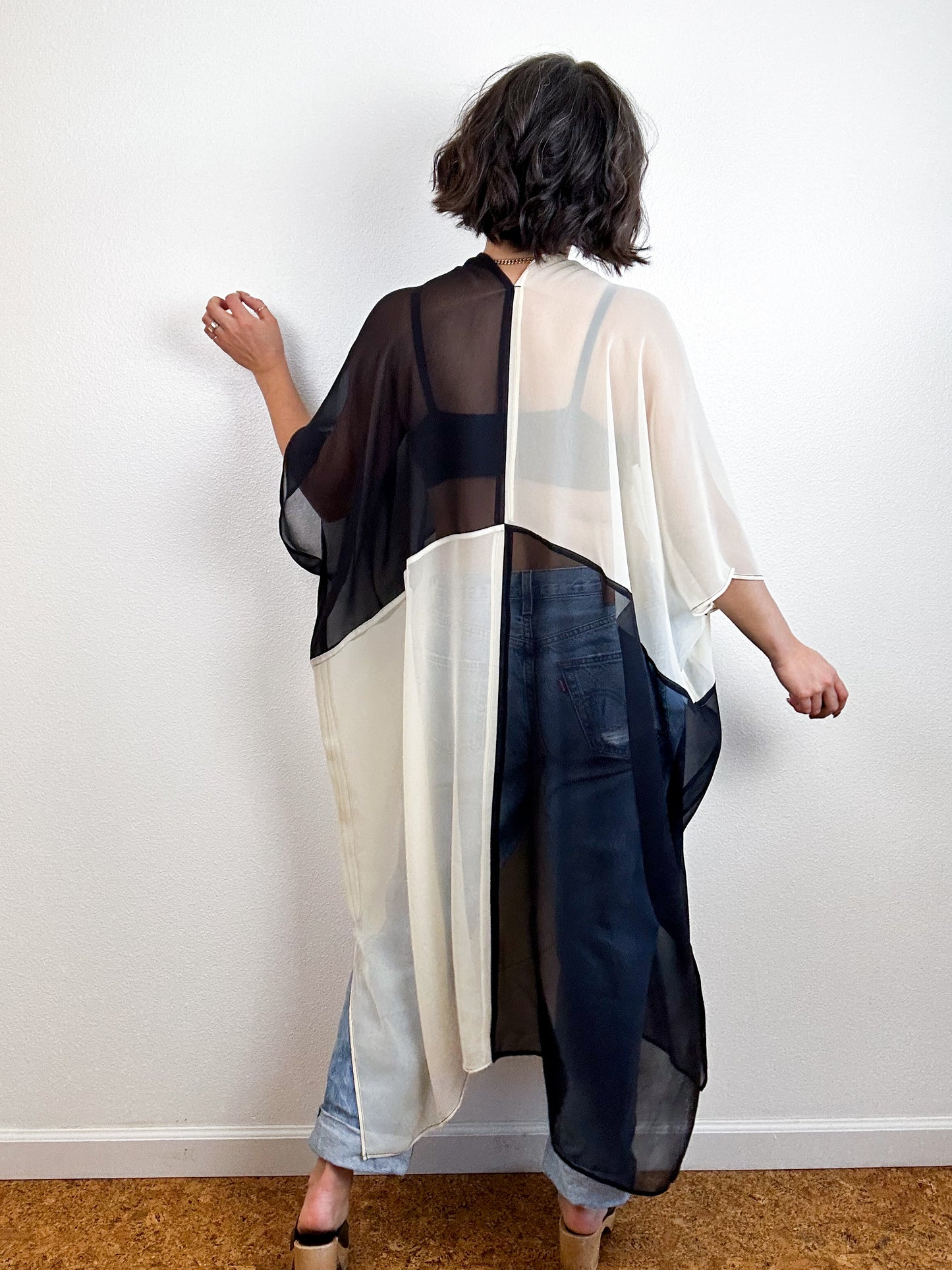 SILK Color Block Midi Caftan Dress Ivory Black