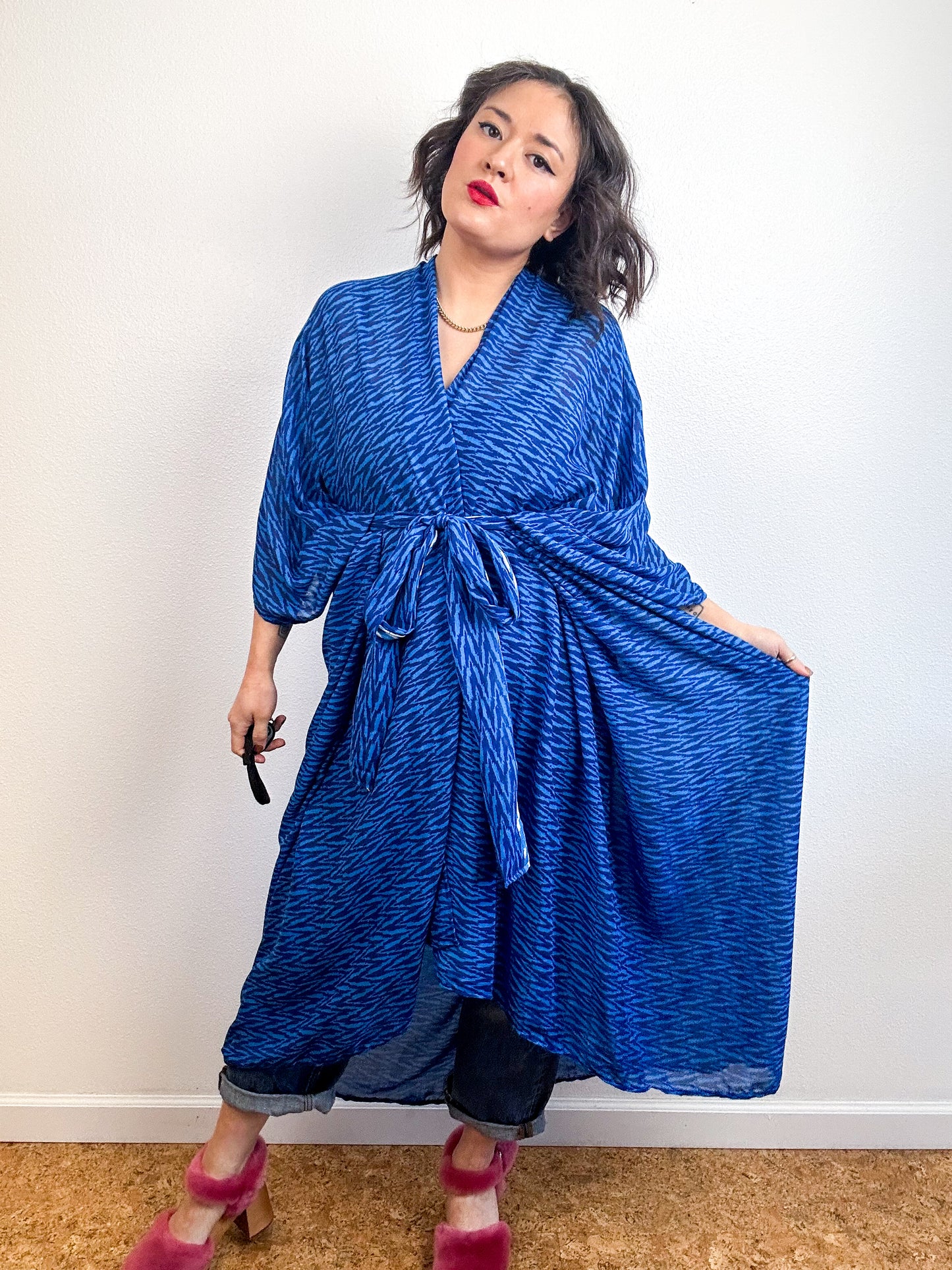 Print High Low Kimono Blue Chevron Tissue Challis
