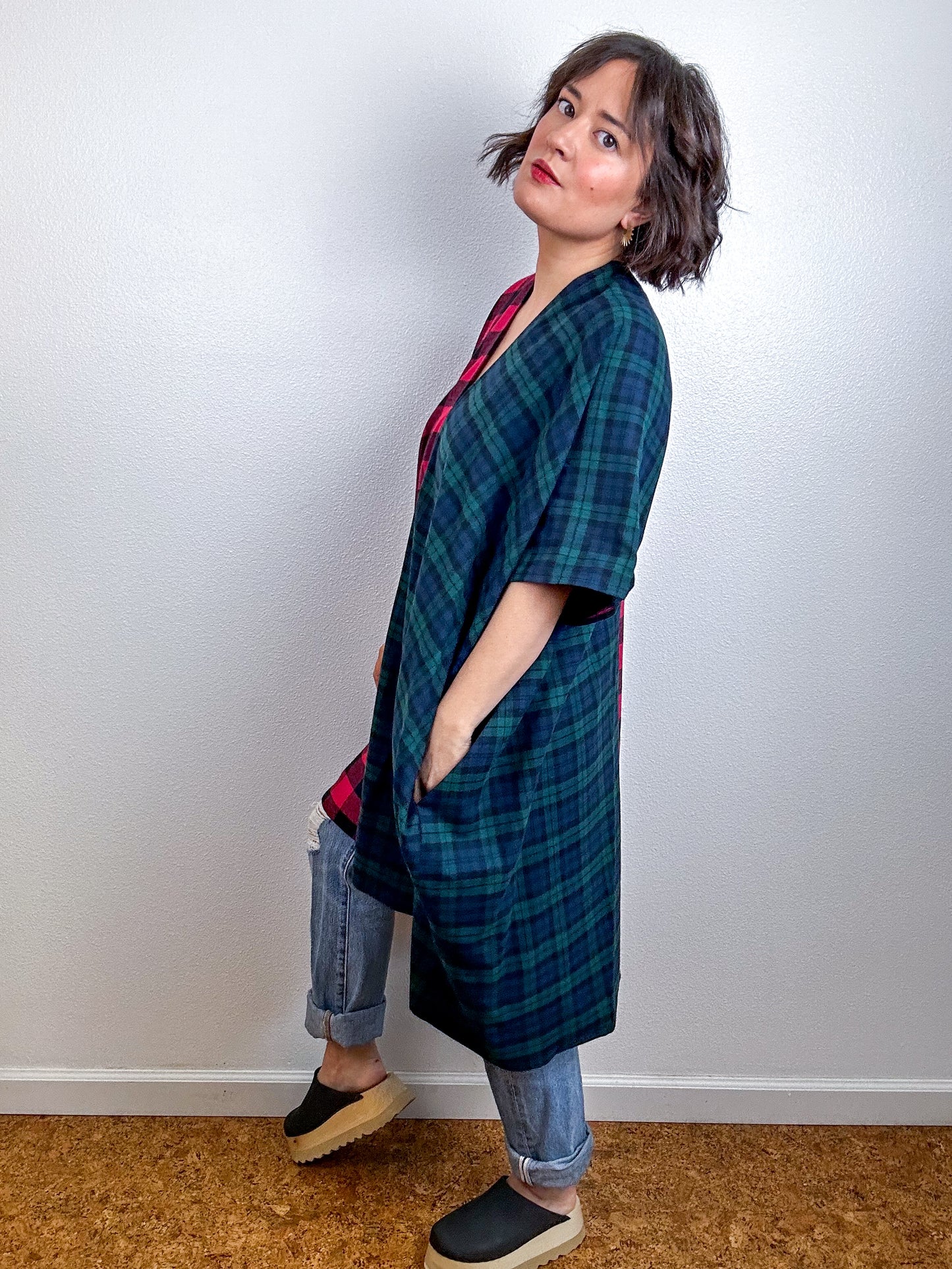 Oversized Plaid Smock Dress Red Check Navy Green