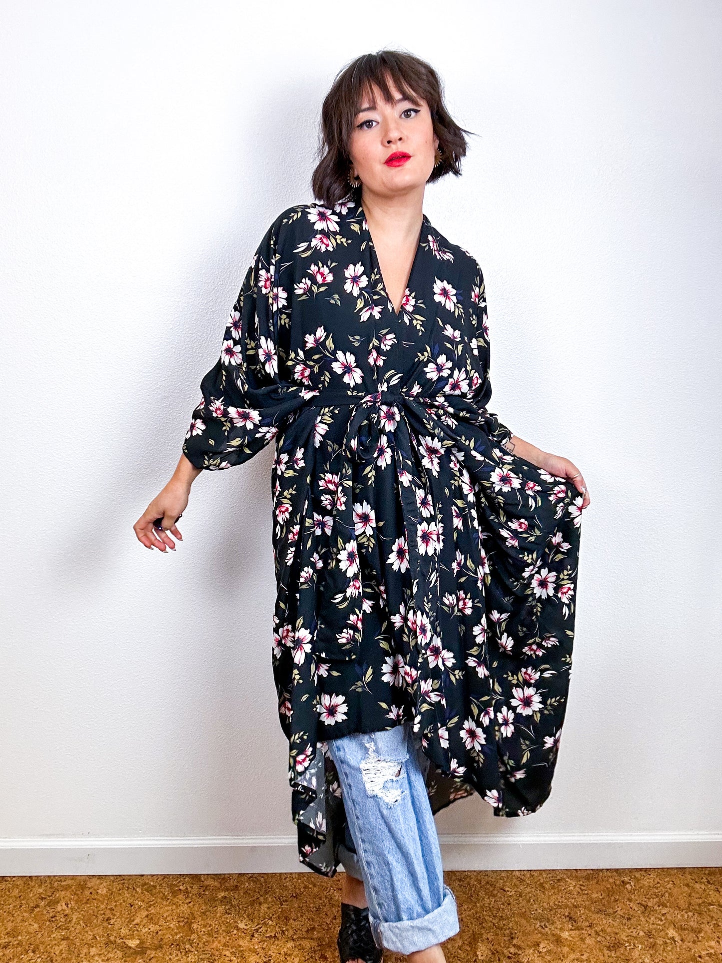 Print High Low Kimono Black Floral Challis