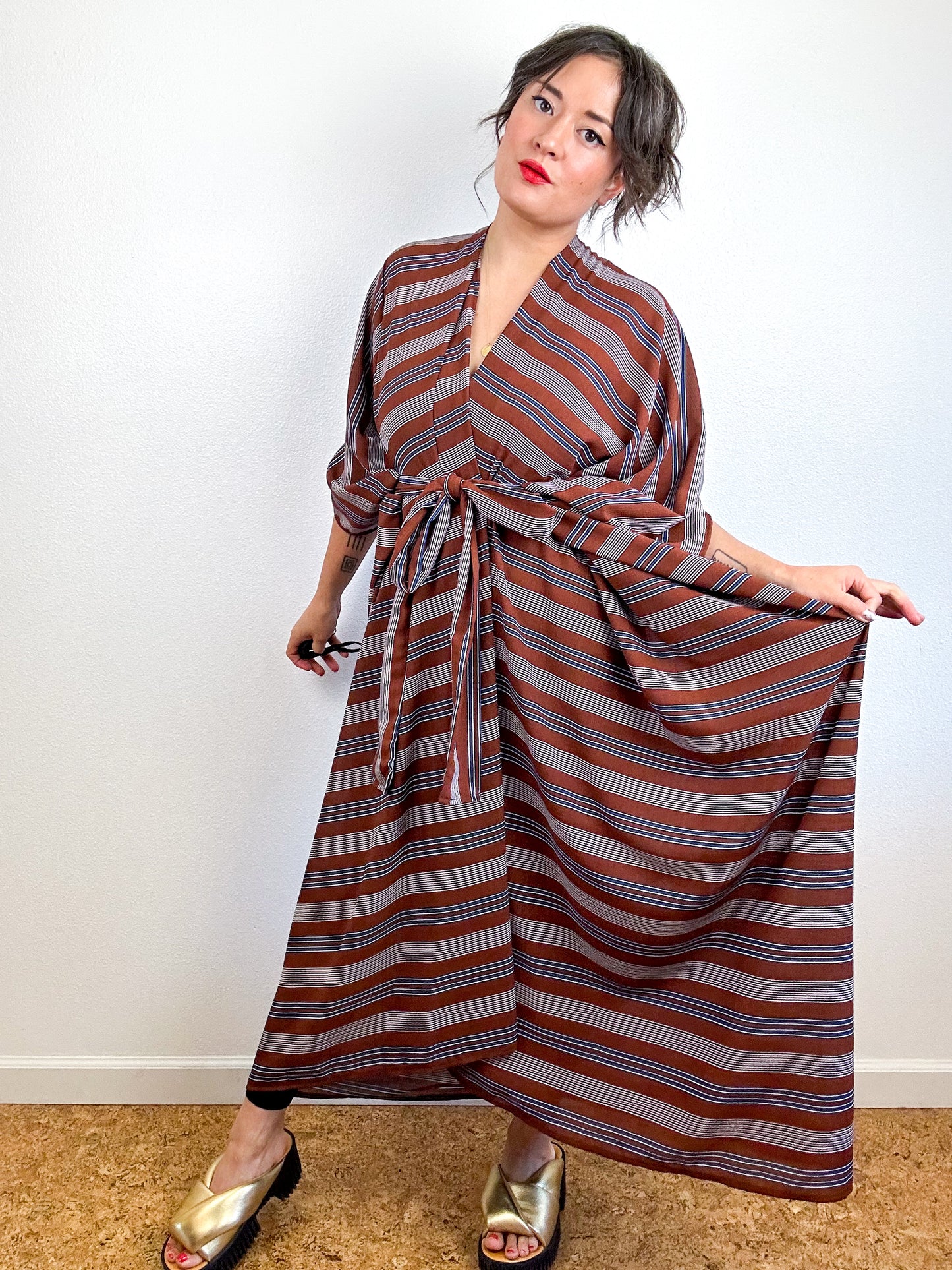 Print High Low Kimono Rust Stripes Georgette