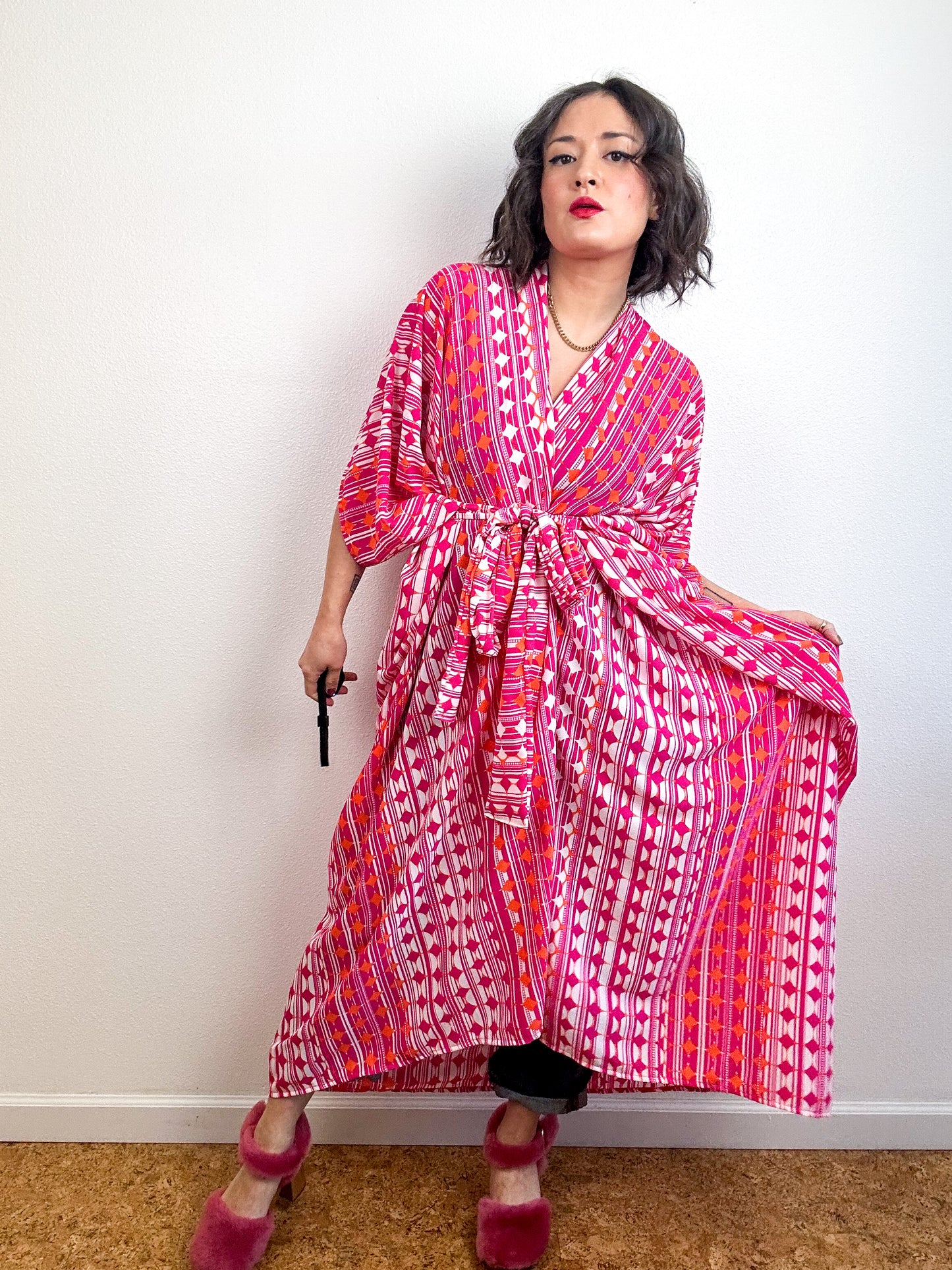 High Low Kimono Pink Orange Mod Circles Bubble Crepe