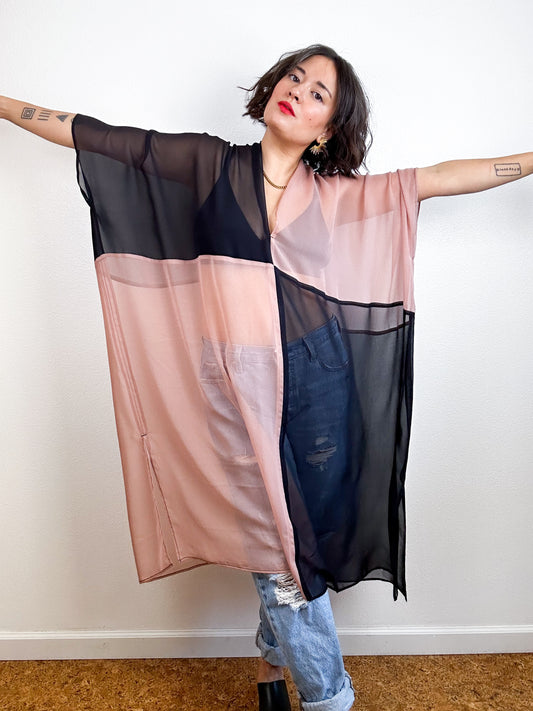 SILK Color Block Midi Caftan Dress Blush Black