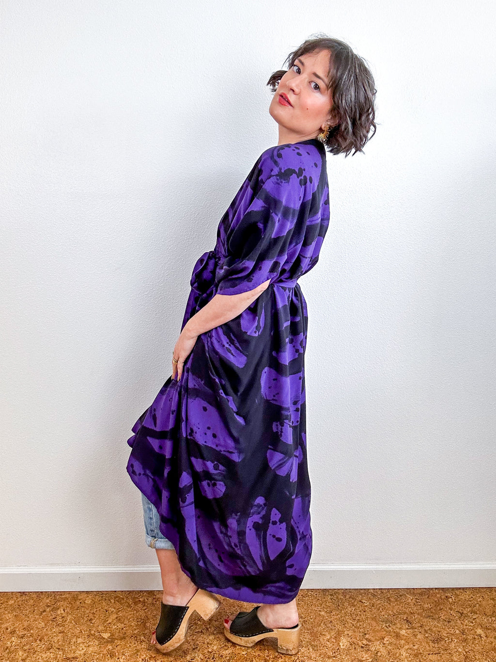 Hand-Dyed High Low Kimono Purple Black Sumi