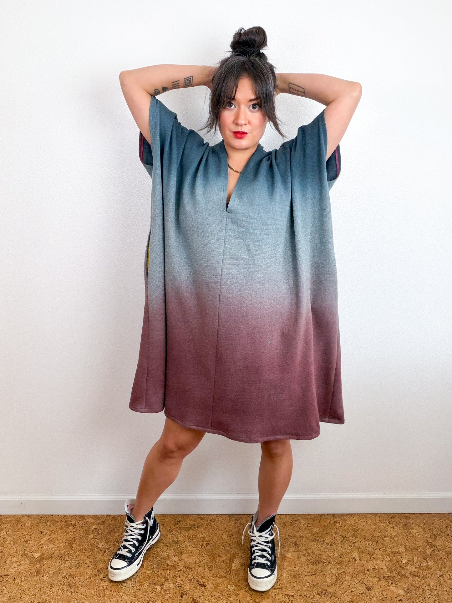 Hand-Dyed Sweatshirt Caftan Dress Charcoal Sage Terracotta Gradient