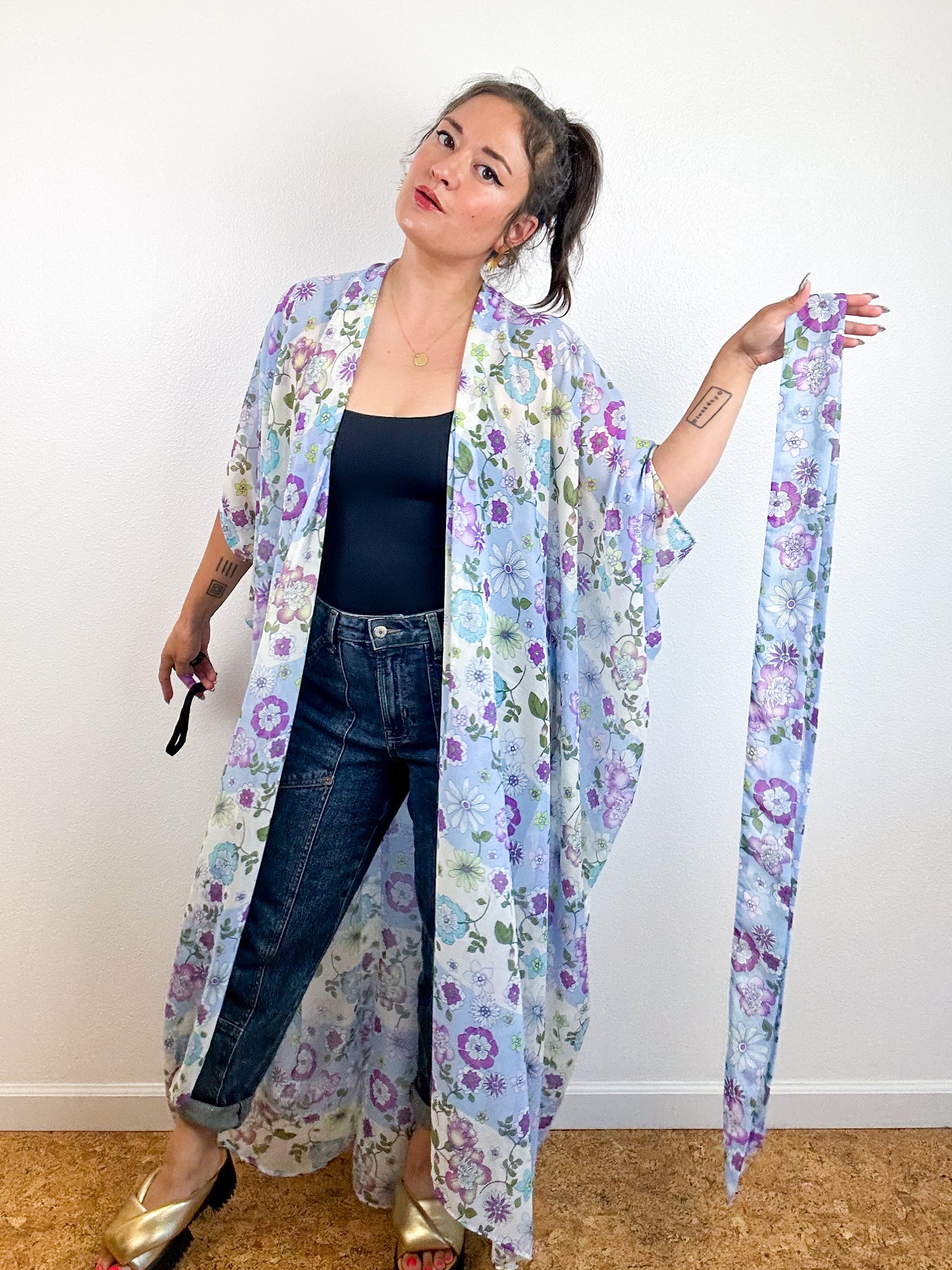 Print High Low Kimono Lavender Blue Floral Stripe Crinkle Chiffon