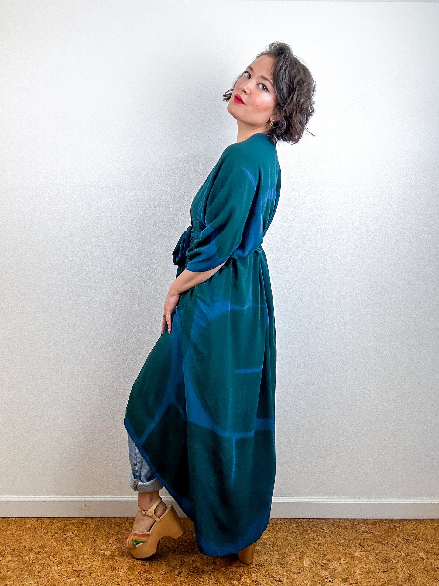 Hand-Dyed High Low Kimono Turquoise Green Arc