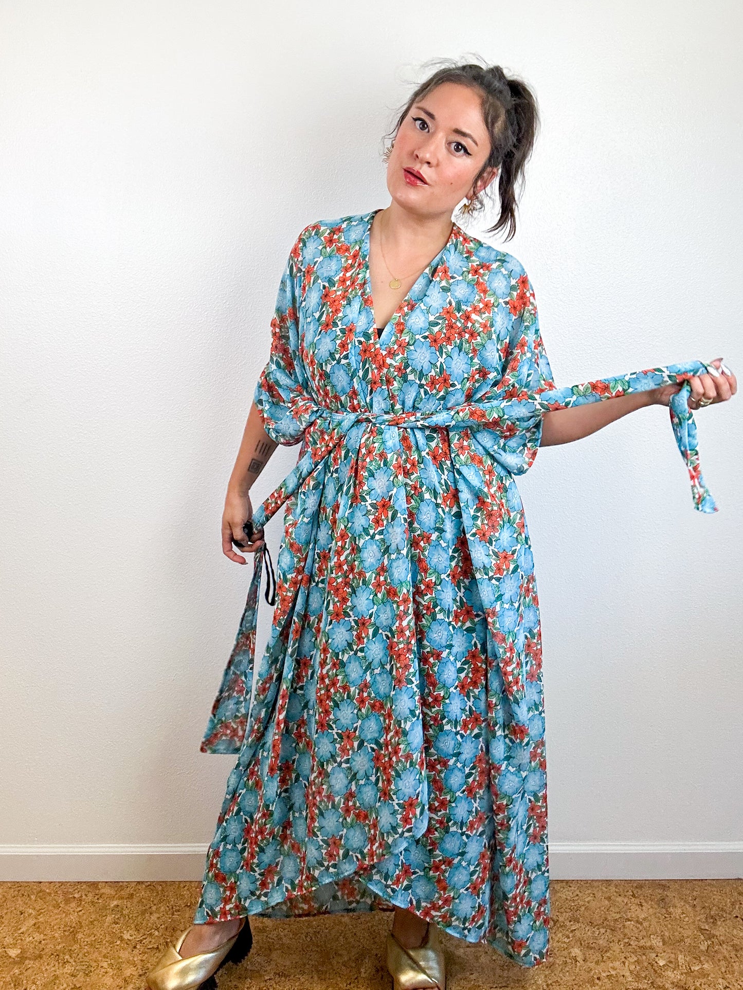 Print High Low Kimono Turquoise Floral Chiffon