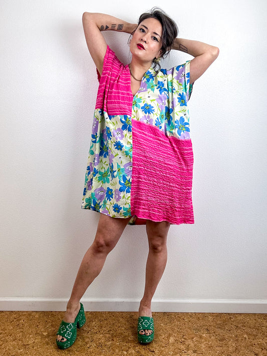 Color Block Mini Caftan Dress Blue Floral Pink Stripe