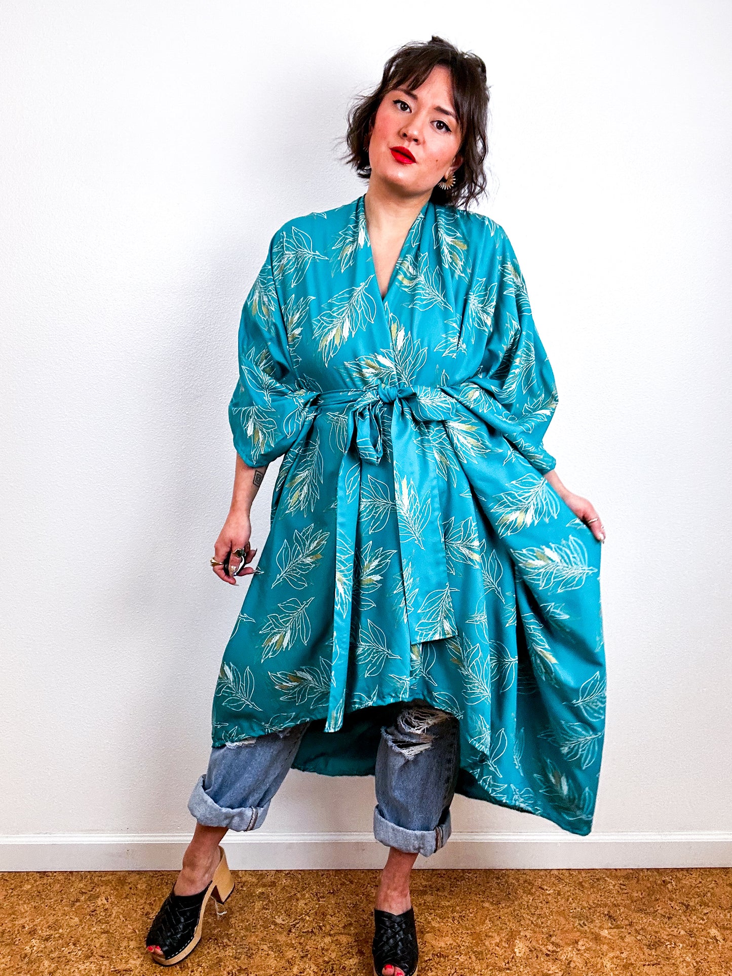 Print High Low Kimono Teal Gold Leaf Challis