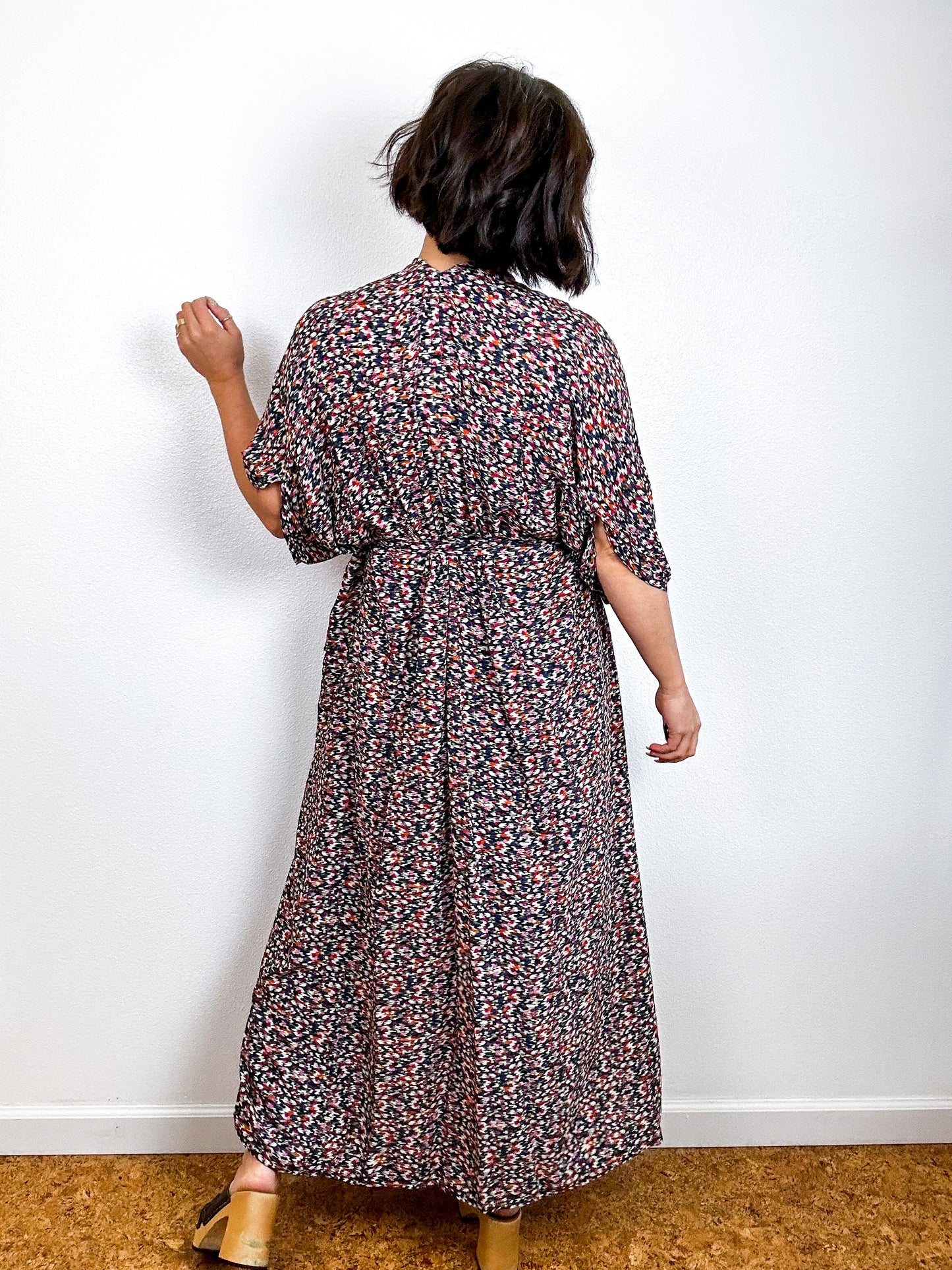 Print High Low Kimono Black Mini Ikat Challis