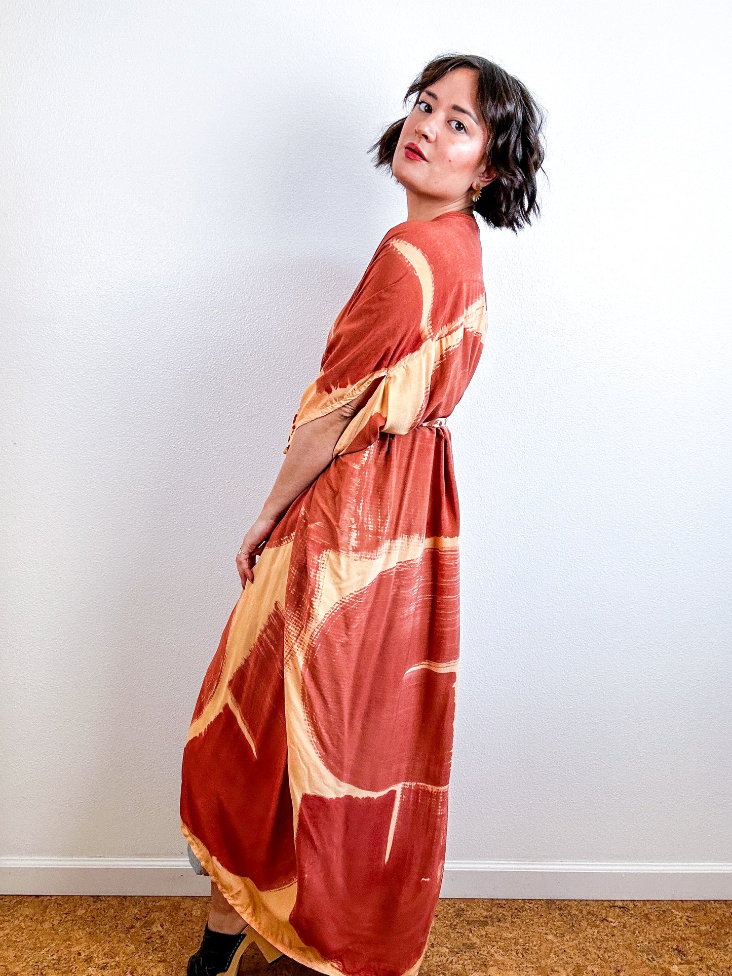 Hand-Dyed High Low Kimono Peach Terracotta Arc