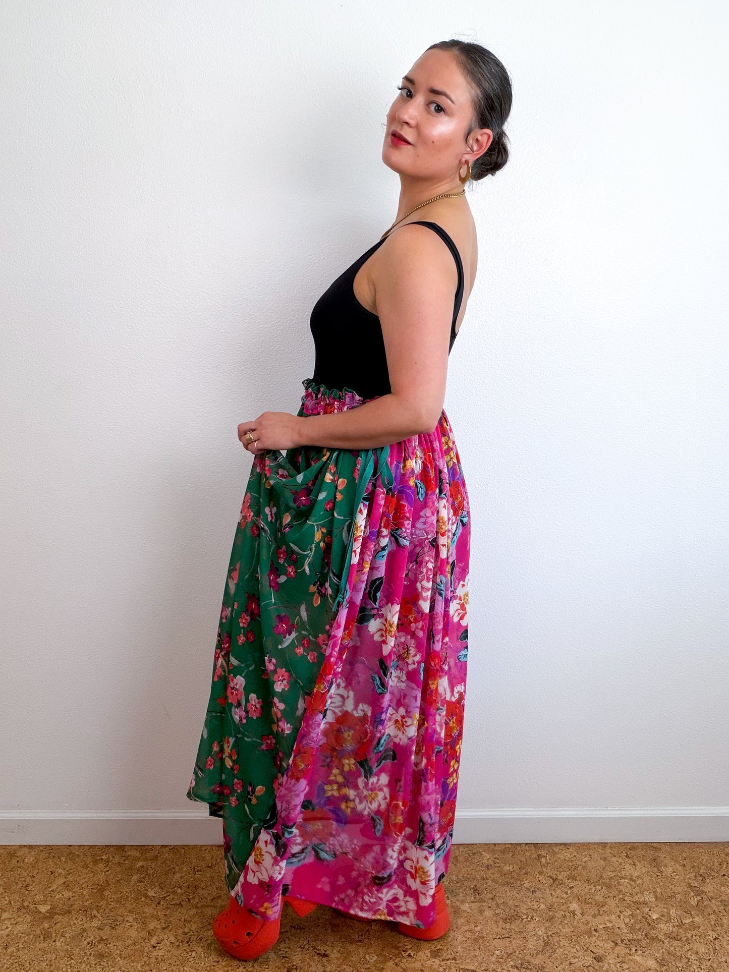 THE SKIRT Pink Green Floral Reversible Chiffon