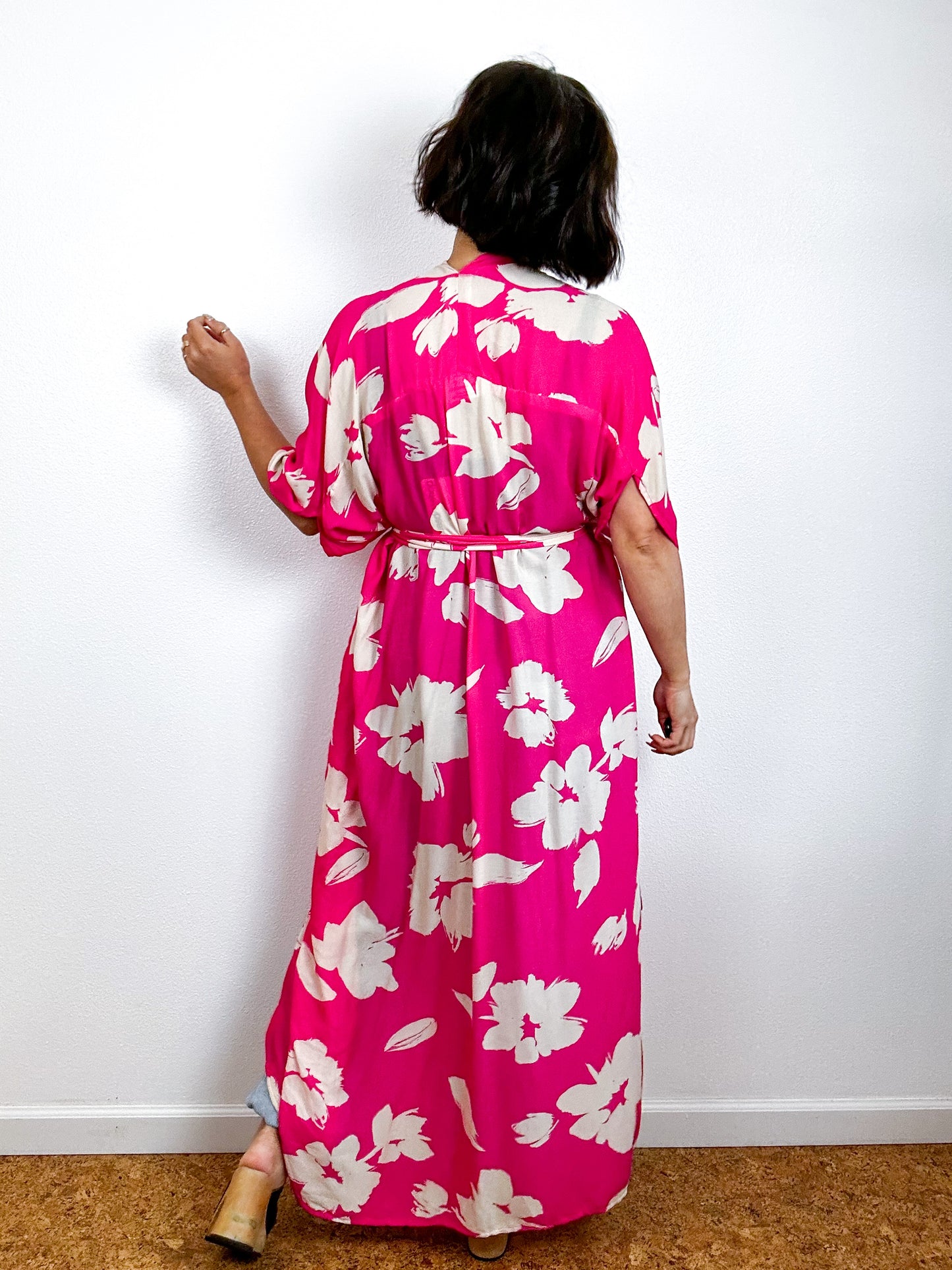 Print High Low Kimono Hot Pink Floral Crinkle Challis