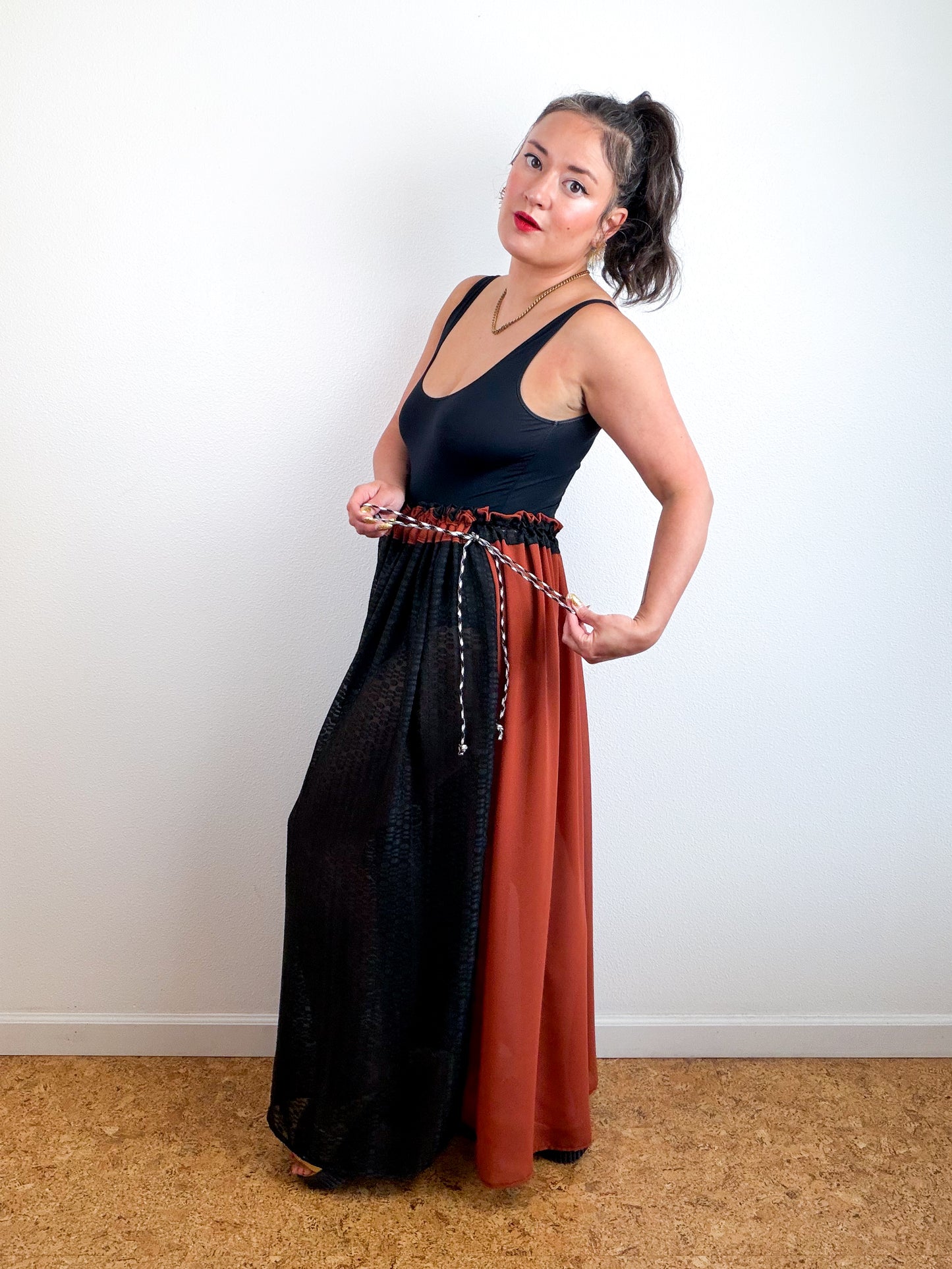 THE SKIRT Rust Black Dots Reversible Chiffon