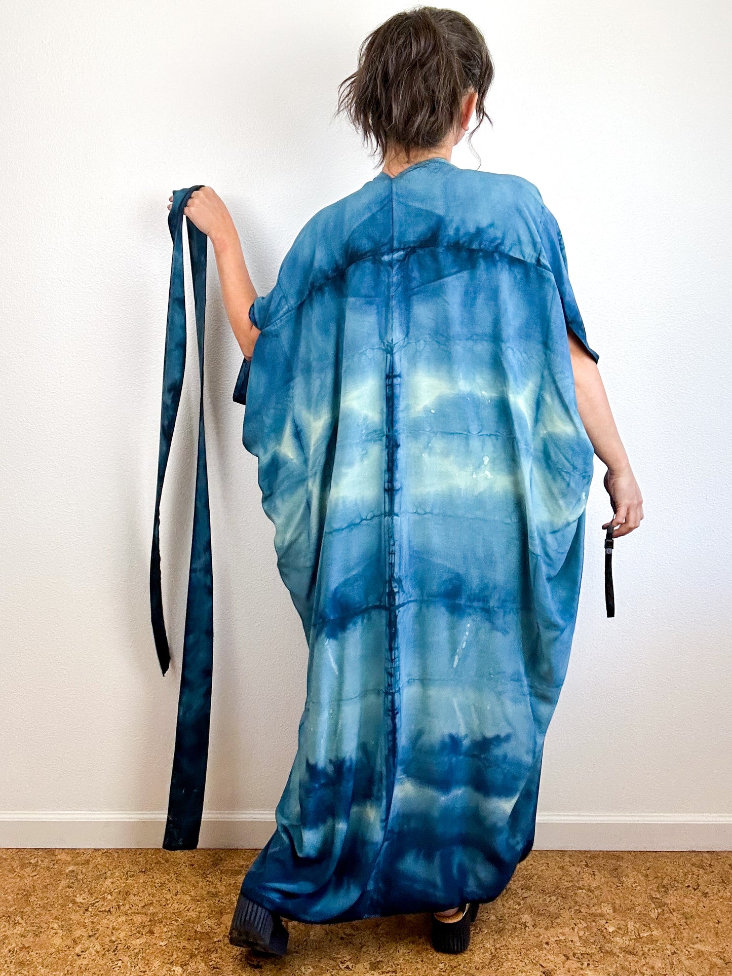 Hand-Dyed High Low Kimono Teal Watercolor