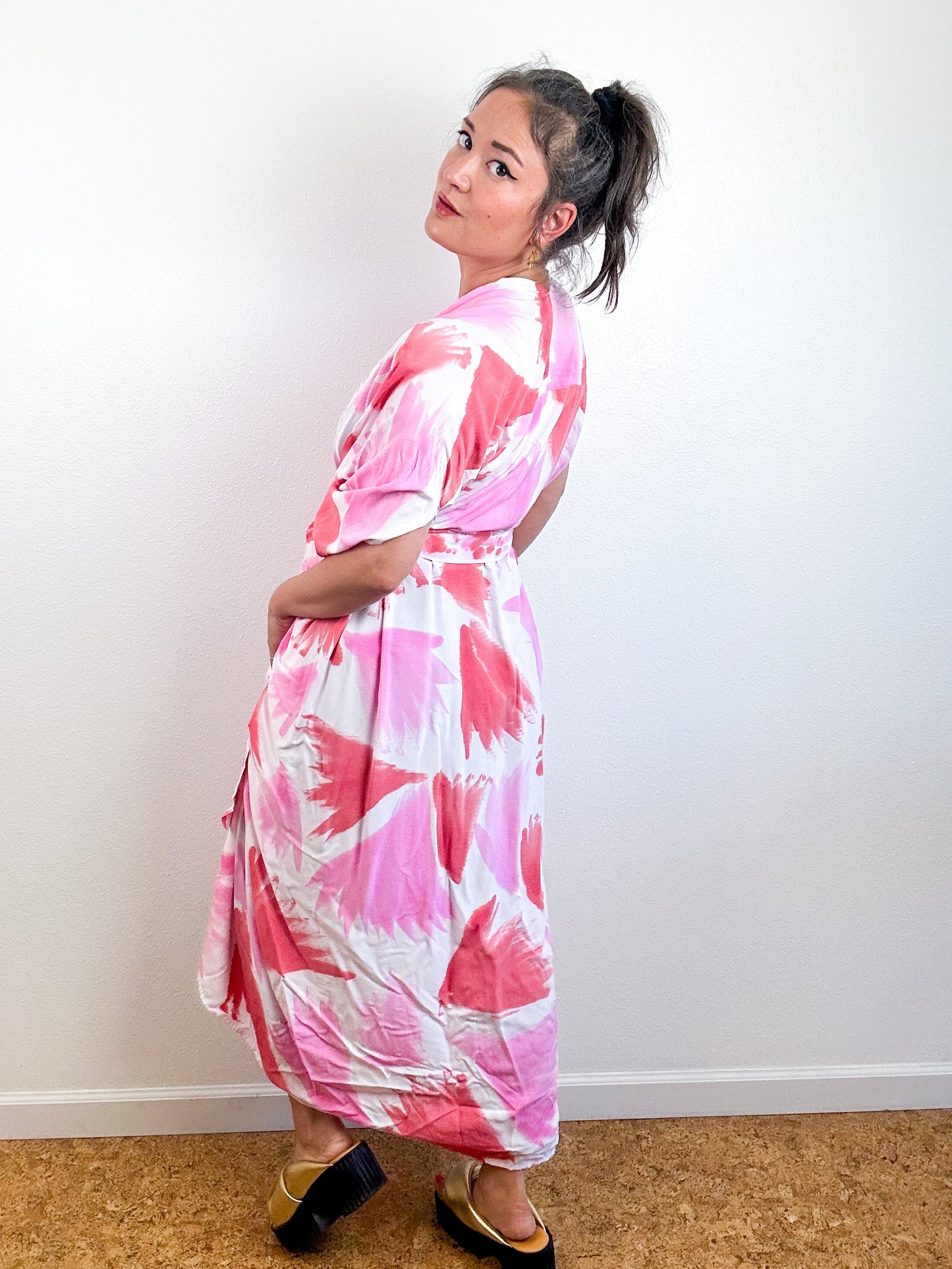 Hand-Dyed High Low Kimono Pink Scarlet Palms
