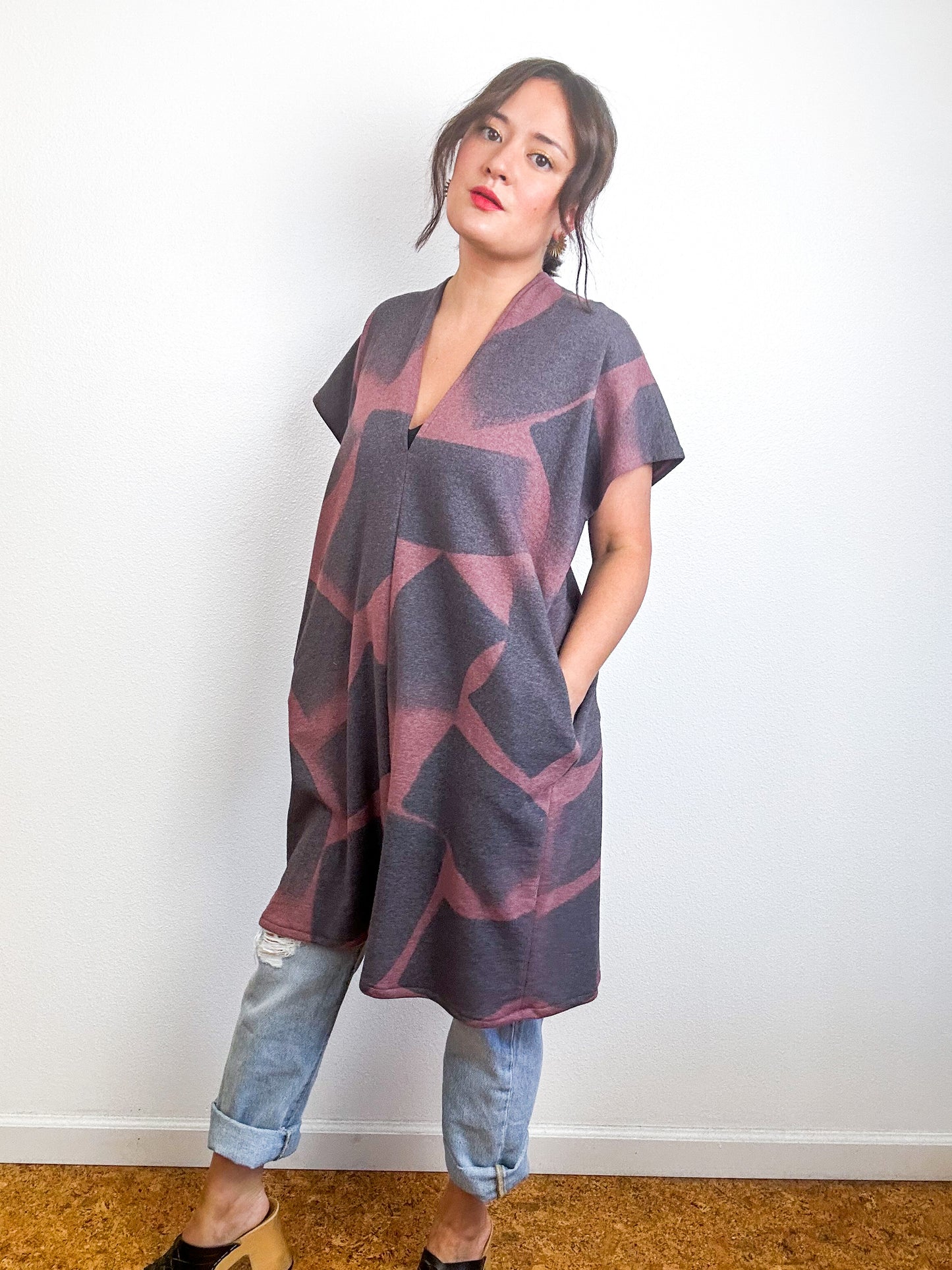 Hand-Dyed Mini Sweatshirt Smock Dress Mauve Brushtrokes