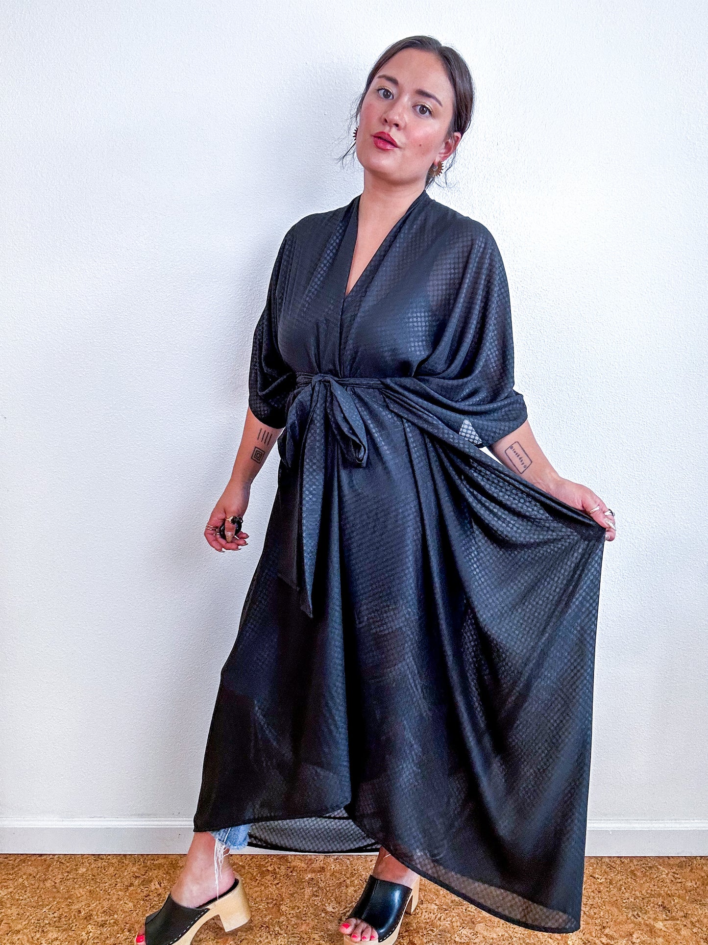 Solid High Low Kimono Black Sparkle Dot Chiffon