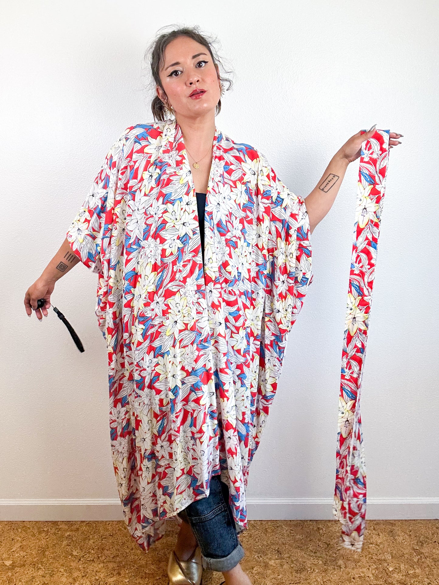 Print High Low Kimono Red White Tropical Challis