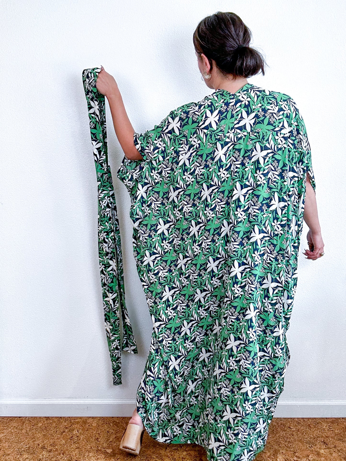 Print High Low Kimono Navy Green Flowers Challis