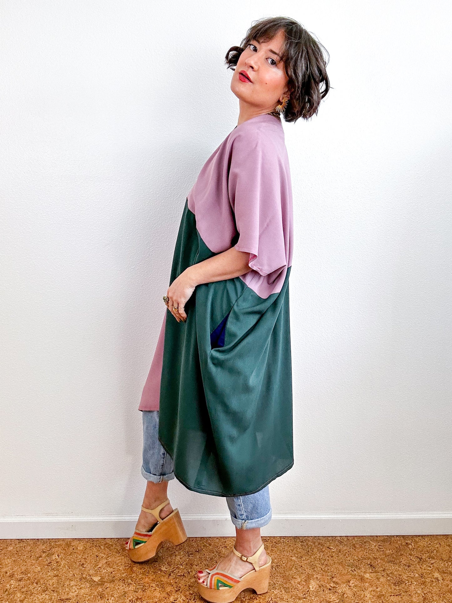 Color Block Mini Caftan Dress Forest Mauve