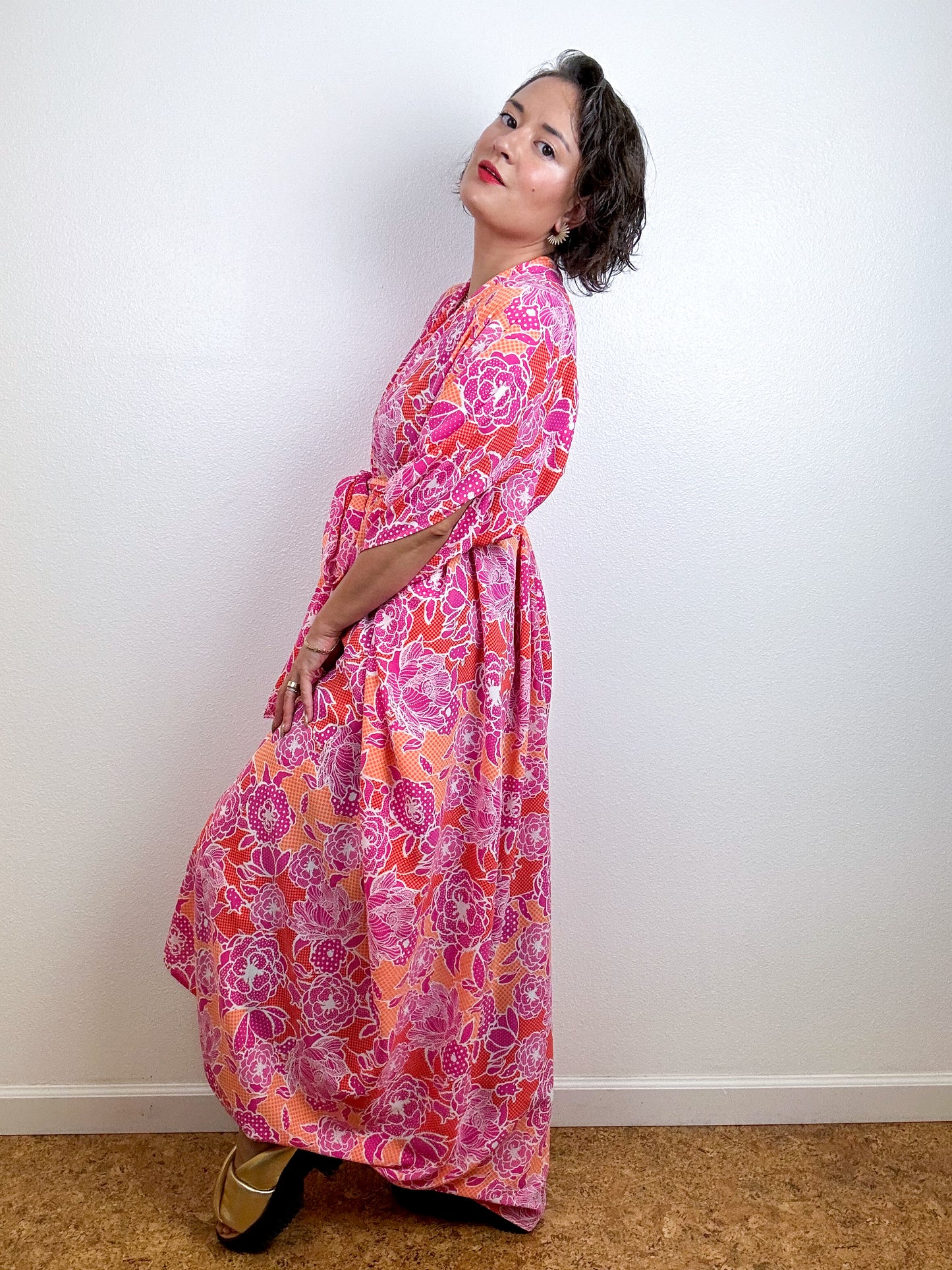 High Low Kimono Pink Orange Floral Dots Bubble Crepe