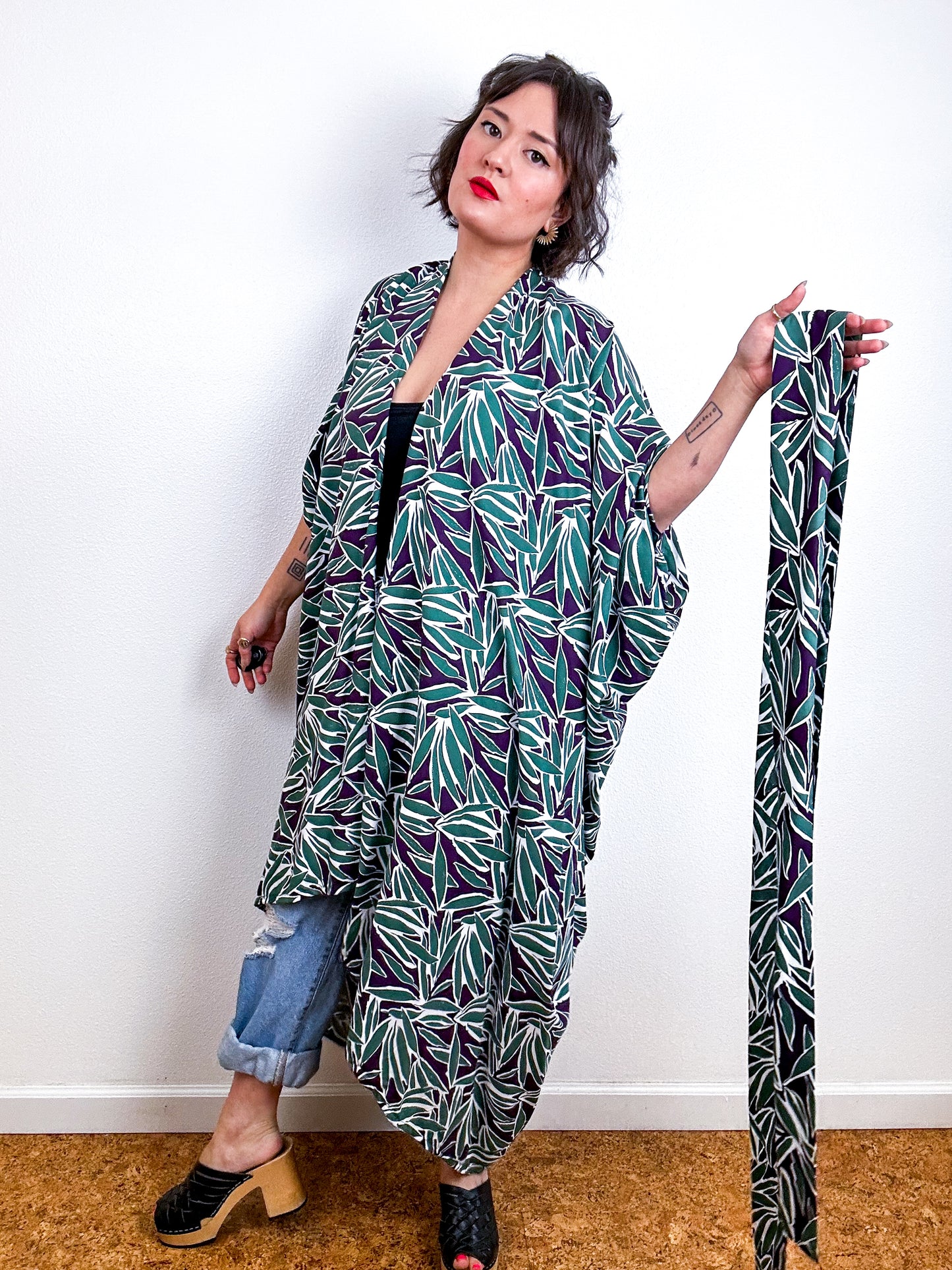Print High Low Kimono Plum Green Bamboo Challis