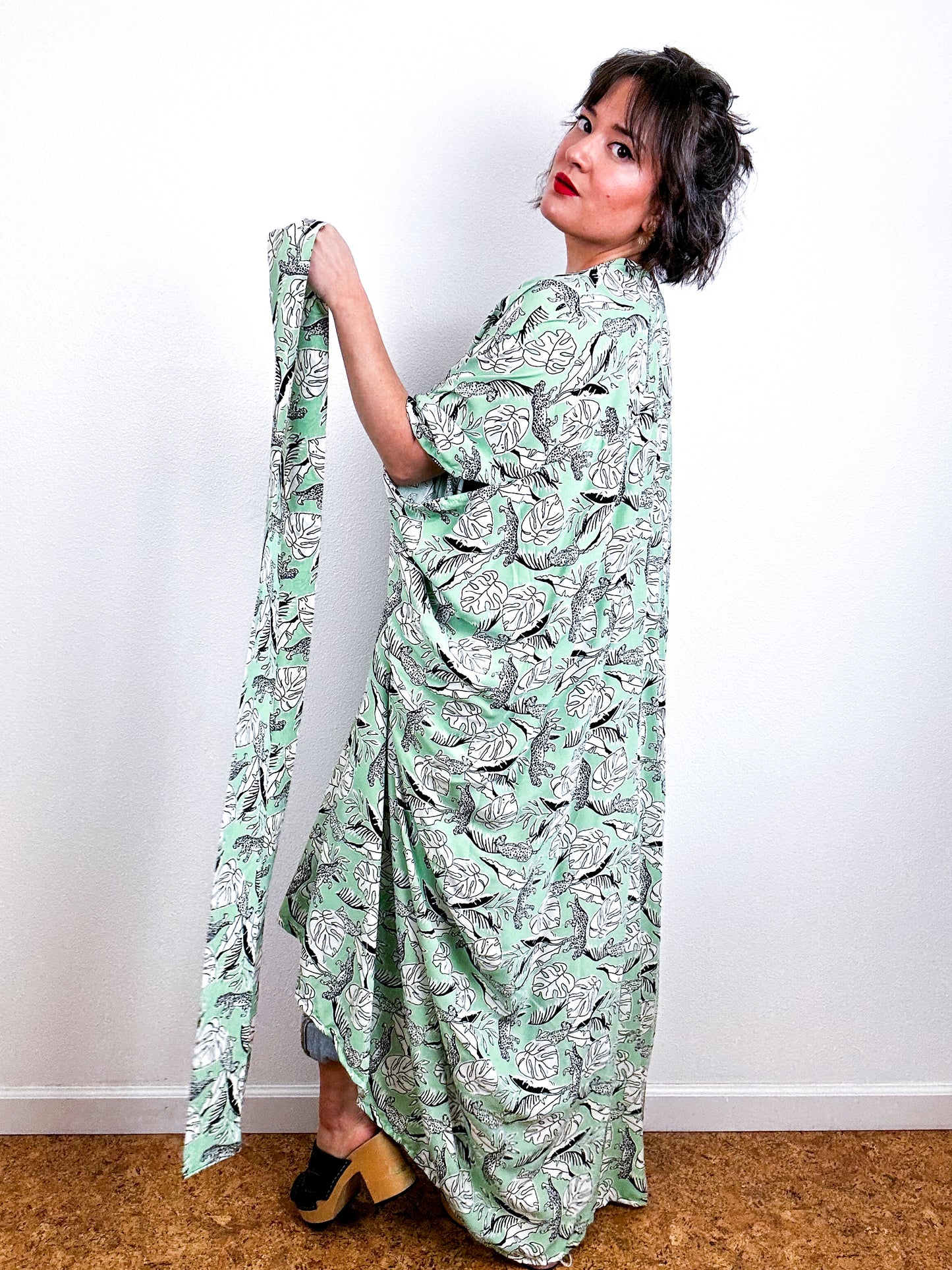 Print High Low Kimono Mint Cheetah Leaf Challis