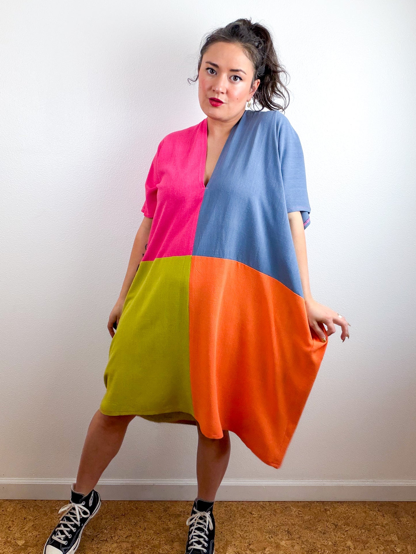 Linen Blend Caftan Dress Fuchsia Blue Chartreuse Orange Color Block