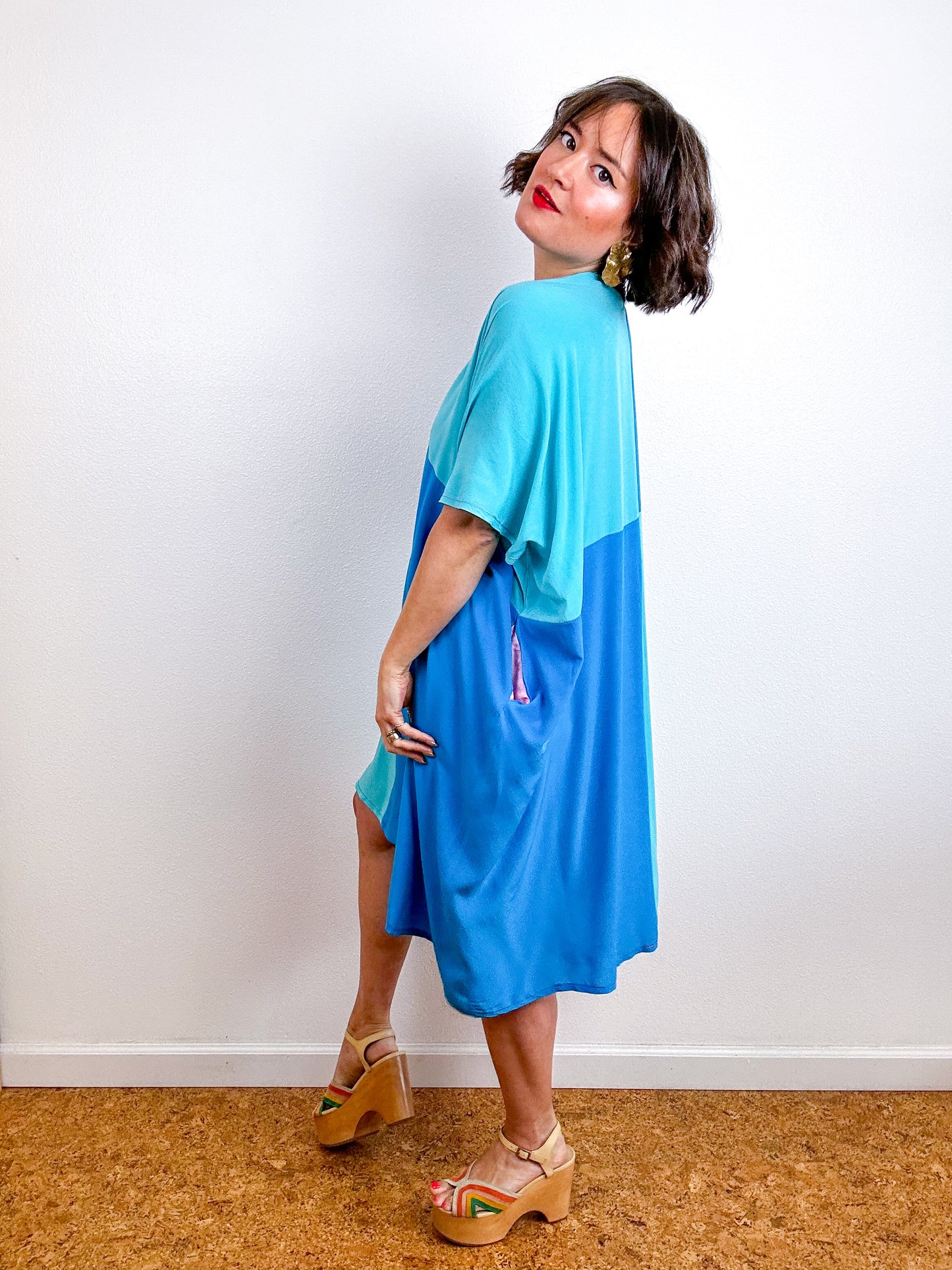 Color Block Mini Caftan Dress Turquoise Aqua