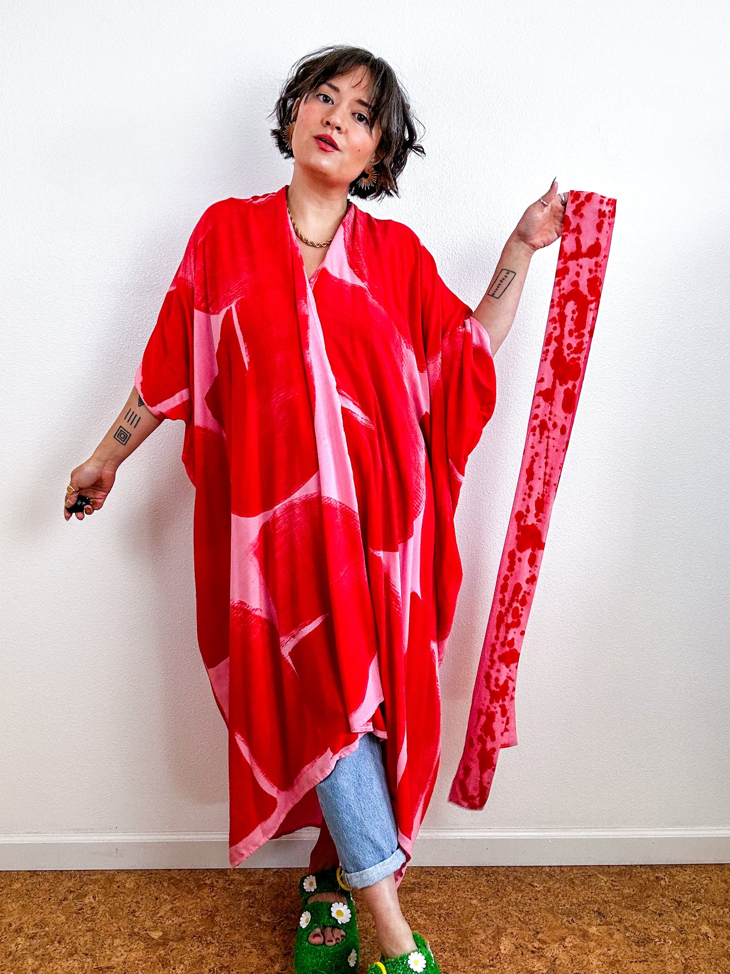 Hand-Dyed High Low Kimono Pink Scarlet Arc
