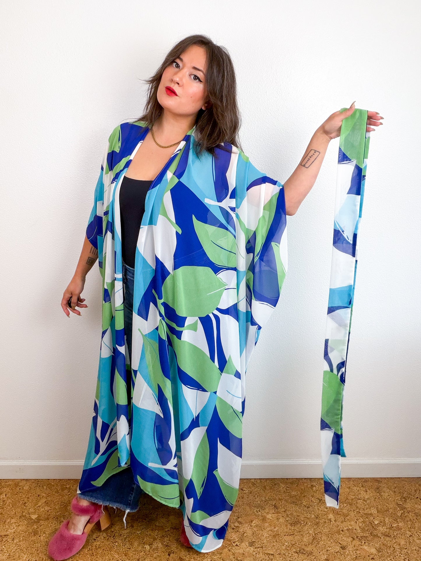 Print High Low Kimono Turquoise Green Large Leaves Chiffon