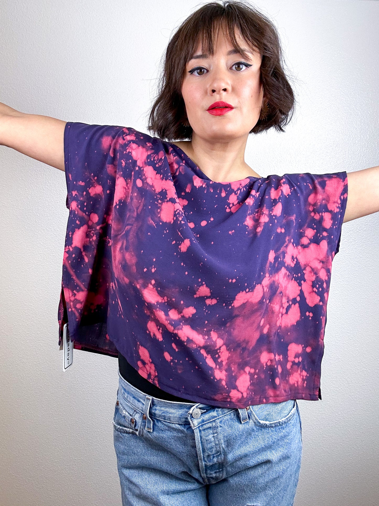 Bleach Speckle Crop Rayon Navy Peach