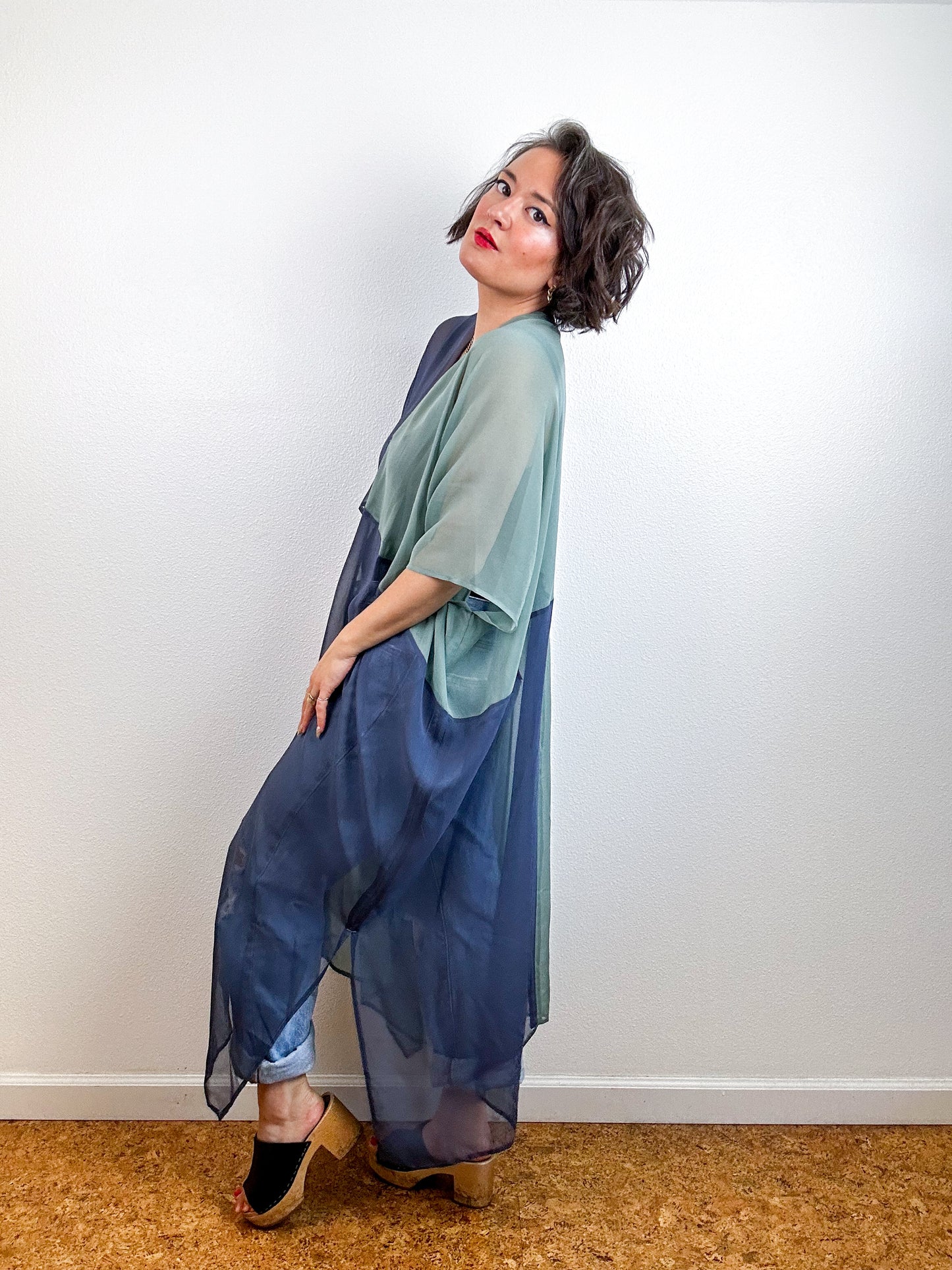 SILK Color Block Midi Caftan Dress Steel Sage