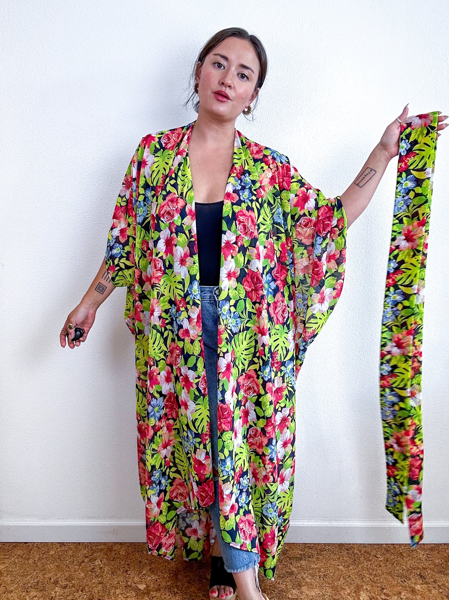 Print High Low Kimono Black Tropical Floral Chiffon