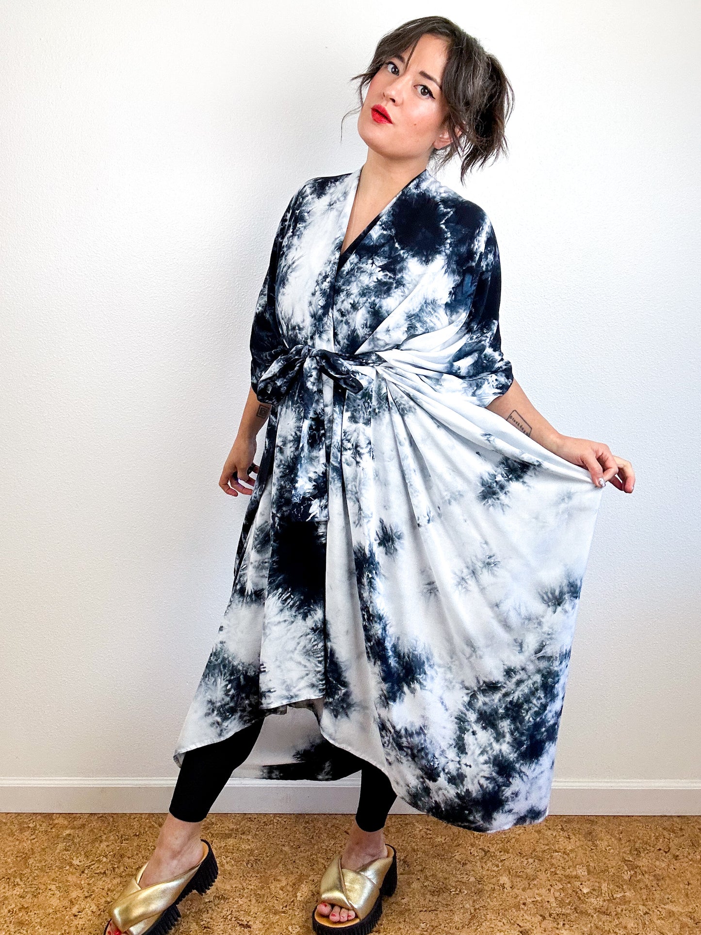 Hand-Dyed High Low Kimono Black Tie