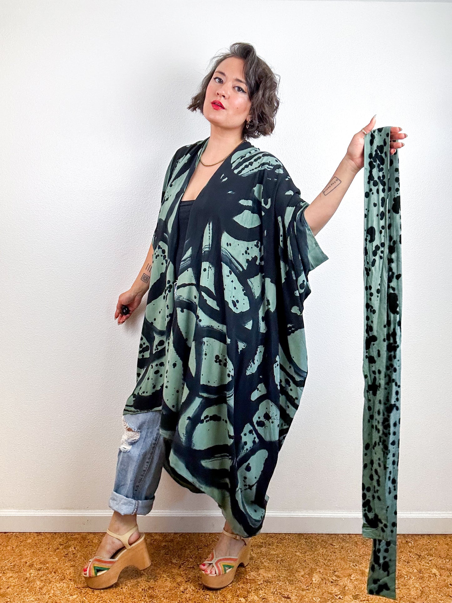 Hand-Dyed High Low Kimono Sage Black Sumi