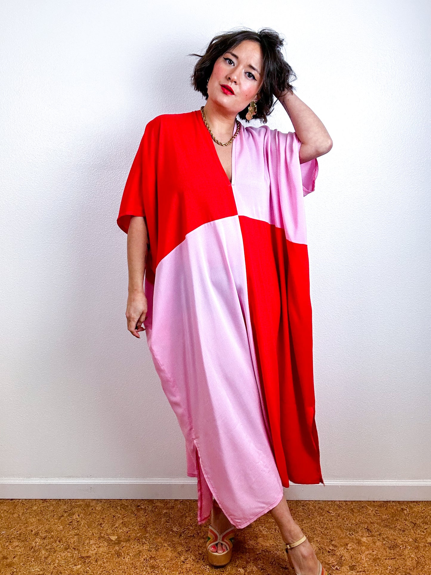 Color Block Midi Caftan Dress Scarlet Pink