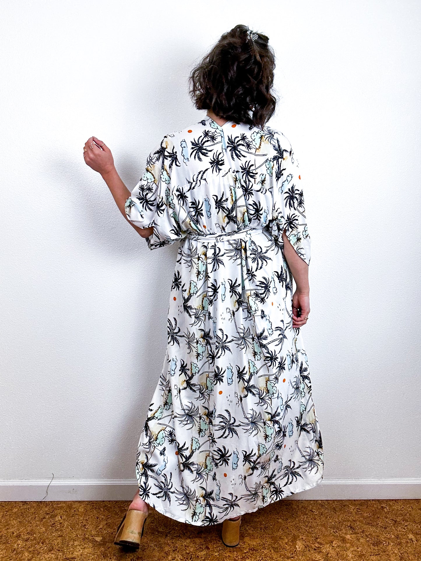 Print High Low Kimono White Palms Challis