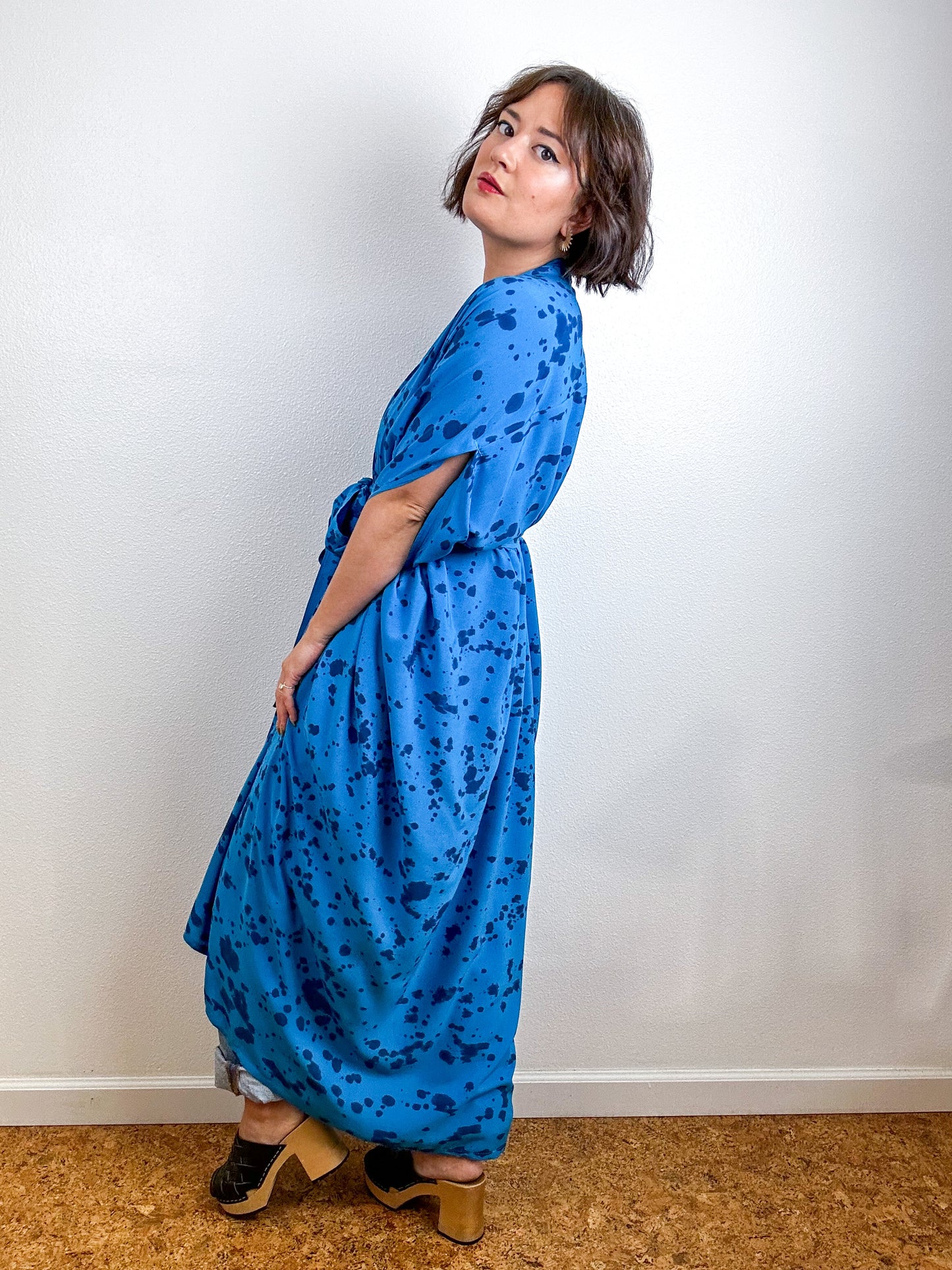 Hand-Dyed High Low Kimono Turquoise Indigo Speckle