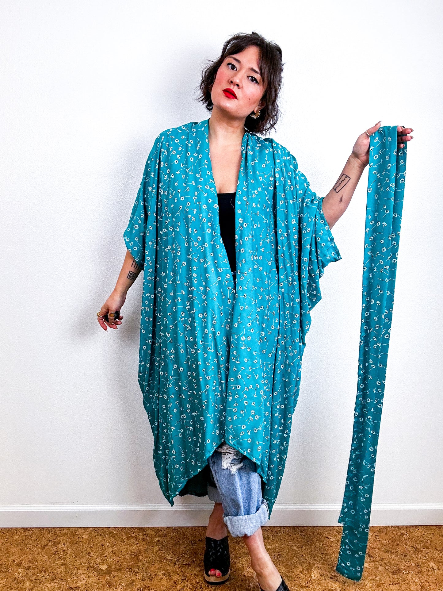 Print High Low Kimono Teal Daisy Challis