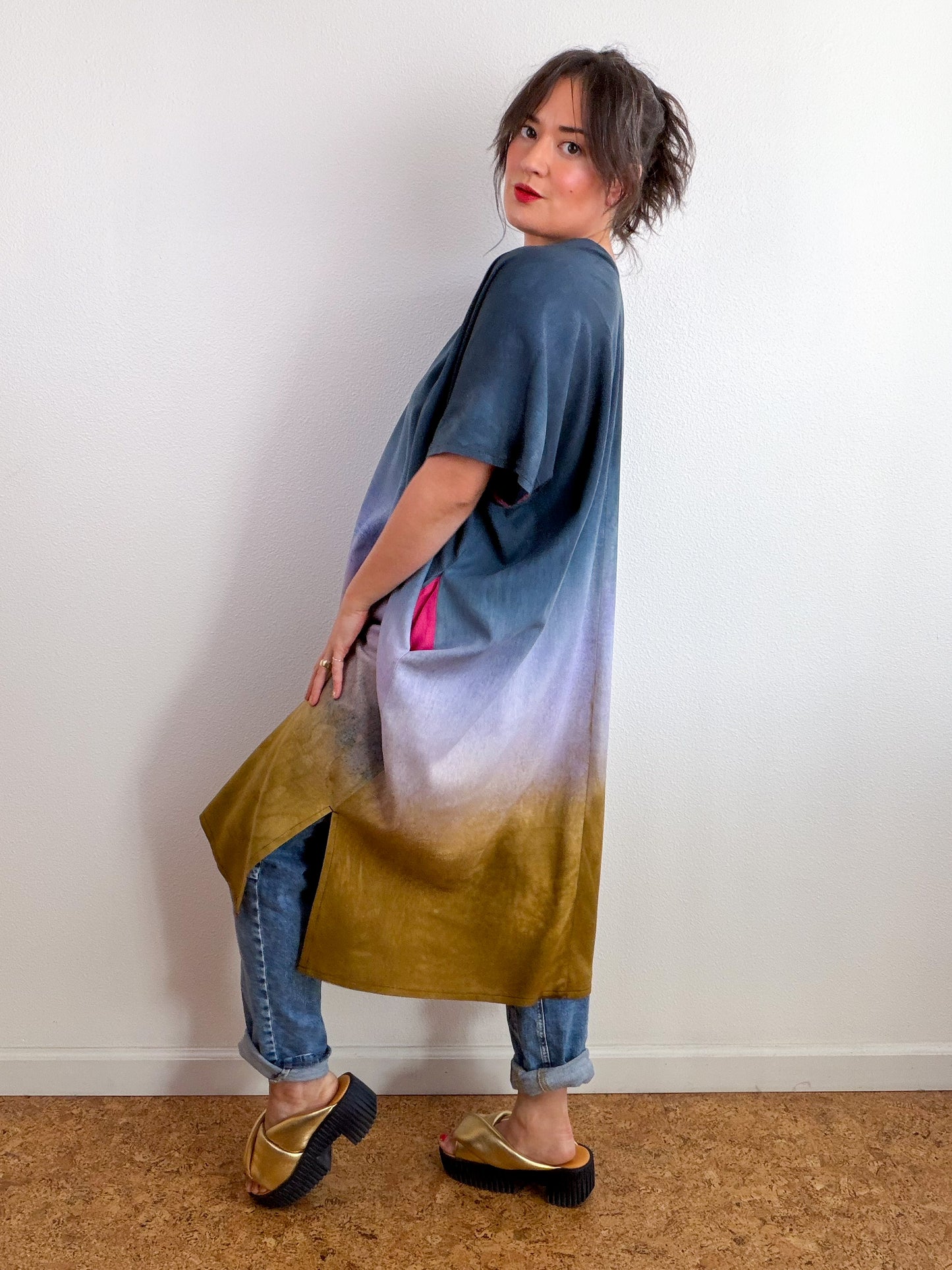 Hand-Dyed Linen Blend Caftan Dress Midi Length Raven Wisteria Bronze Gradient