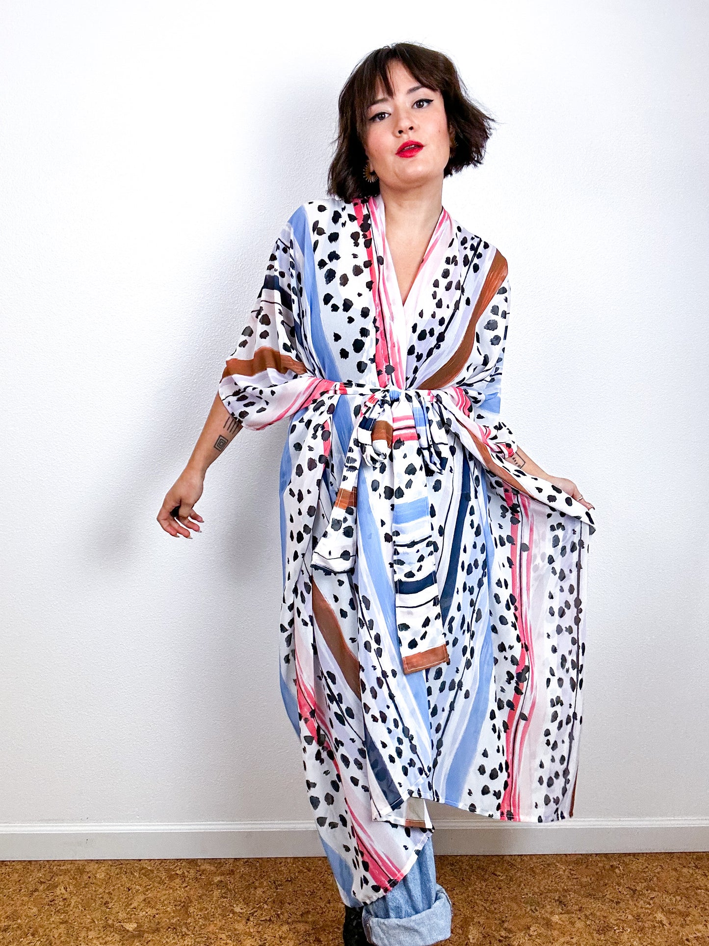 Print High Low Kimono Stripe Dots Chiffon