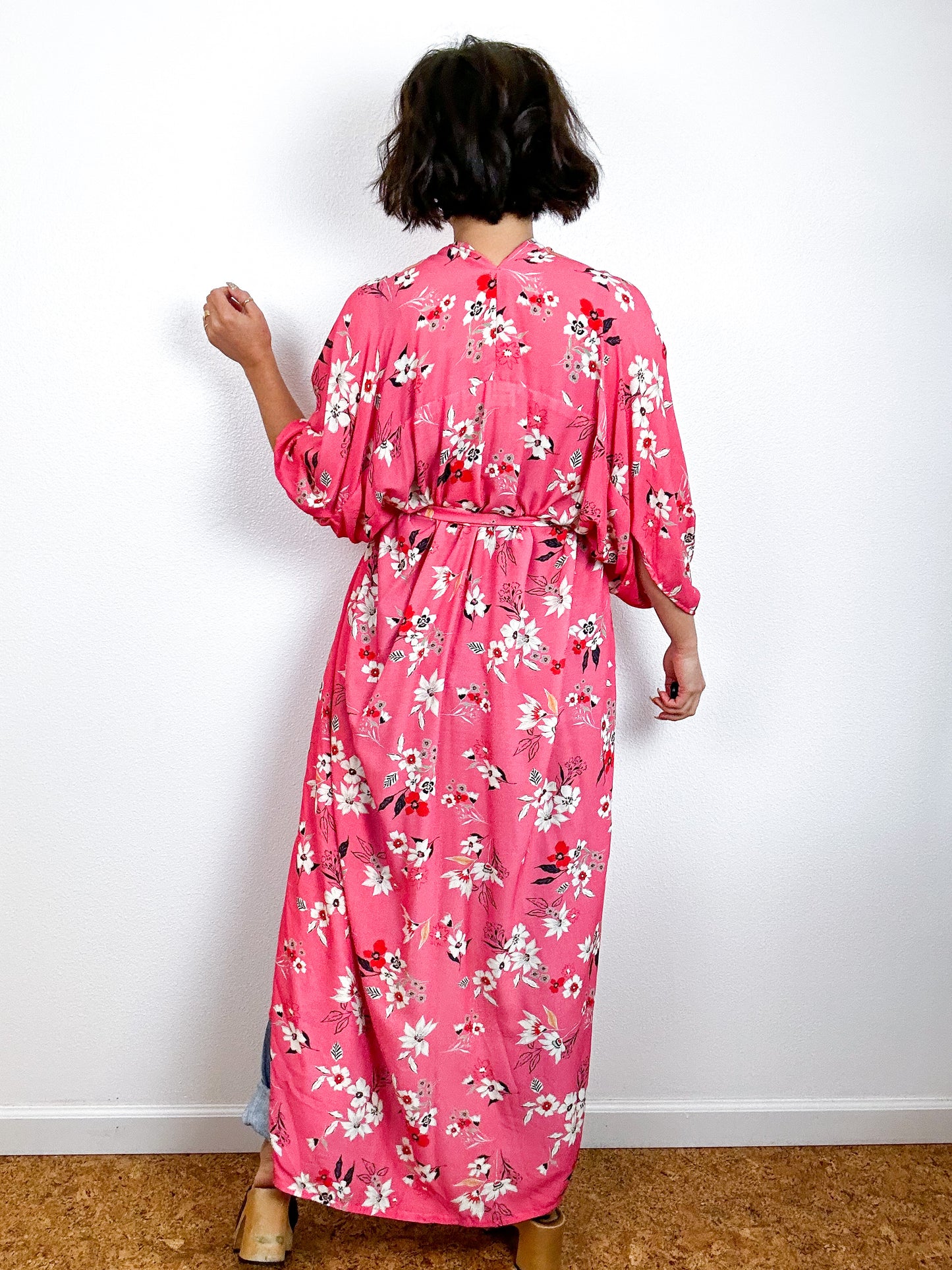 Print High Low Kimono Coral Floral Challis