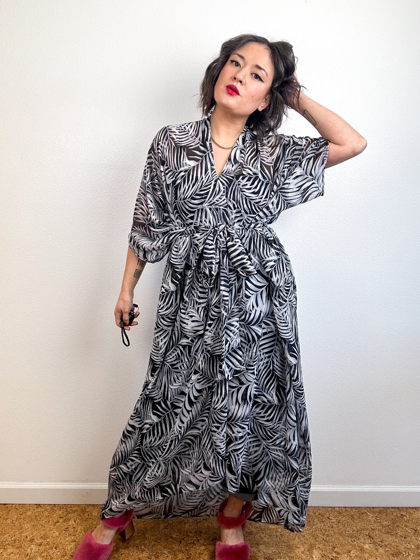 Print High Low Kimono Black Palm Leaves Chiffon
