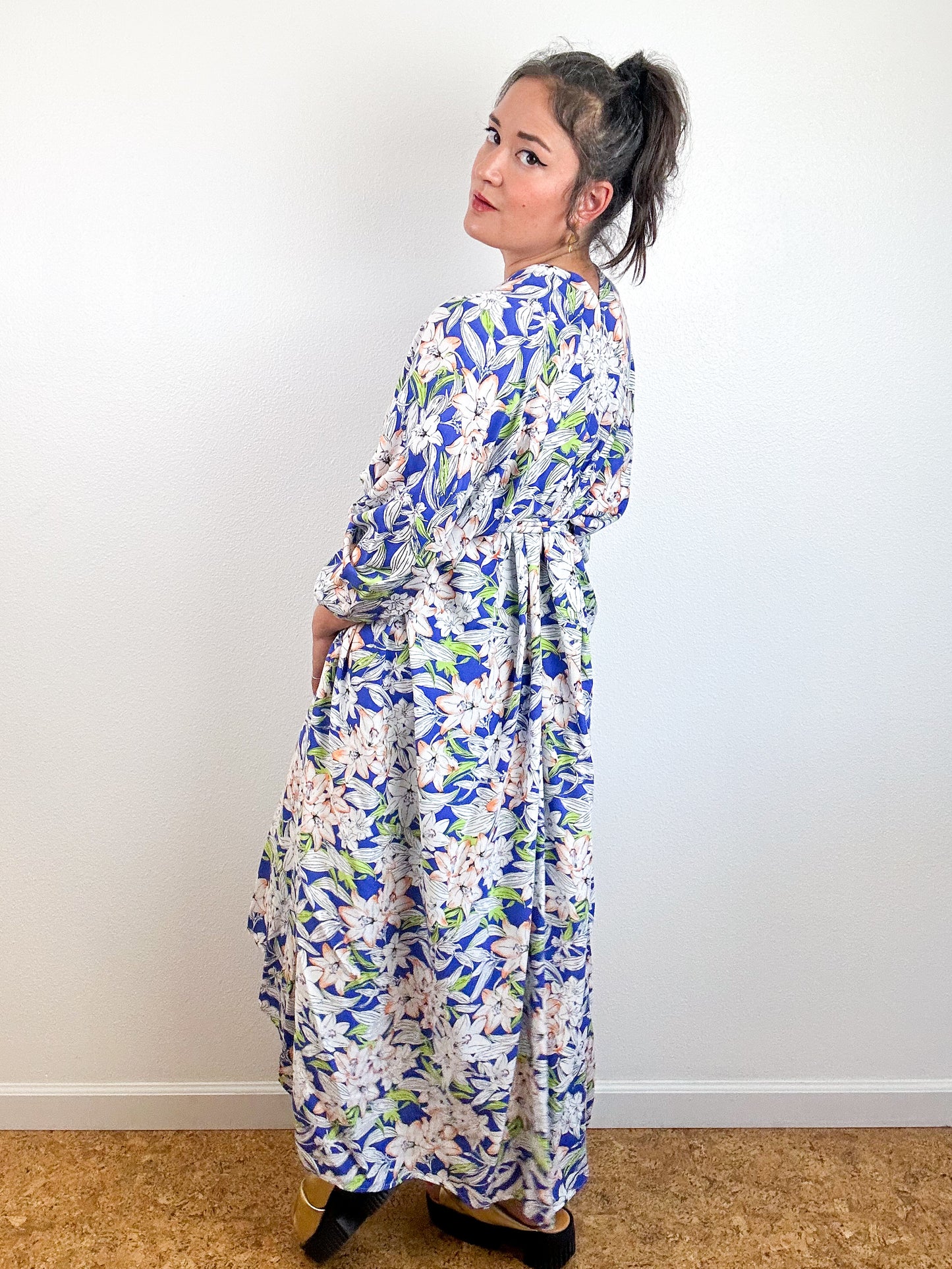 Print High Low Kimono Blue White Tropical Challis