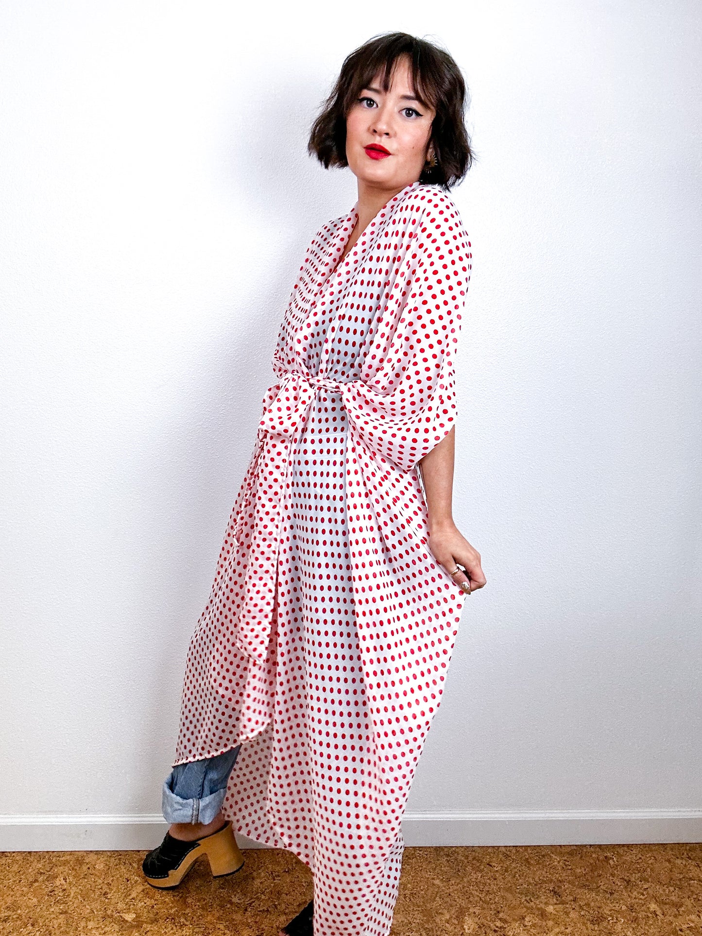 Print High Low Kimono Red Dots Chiffon