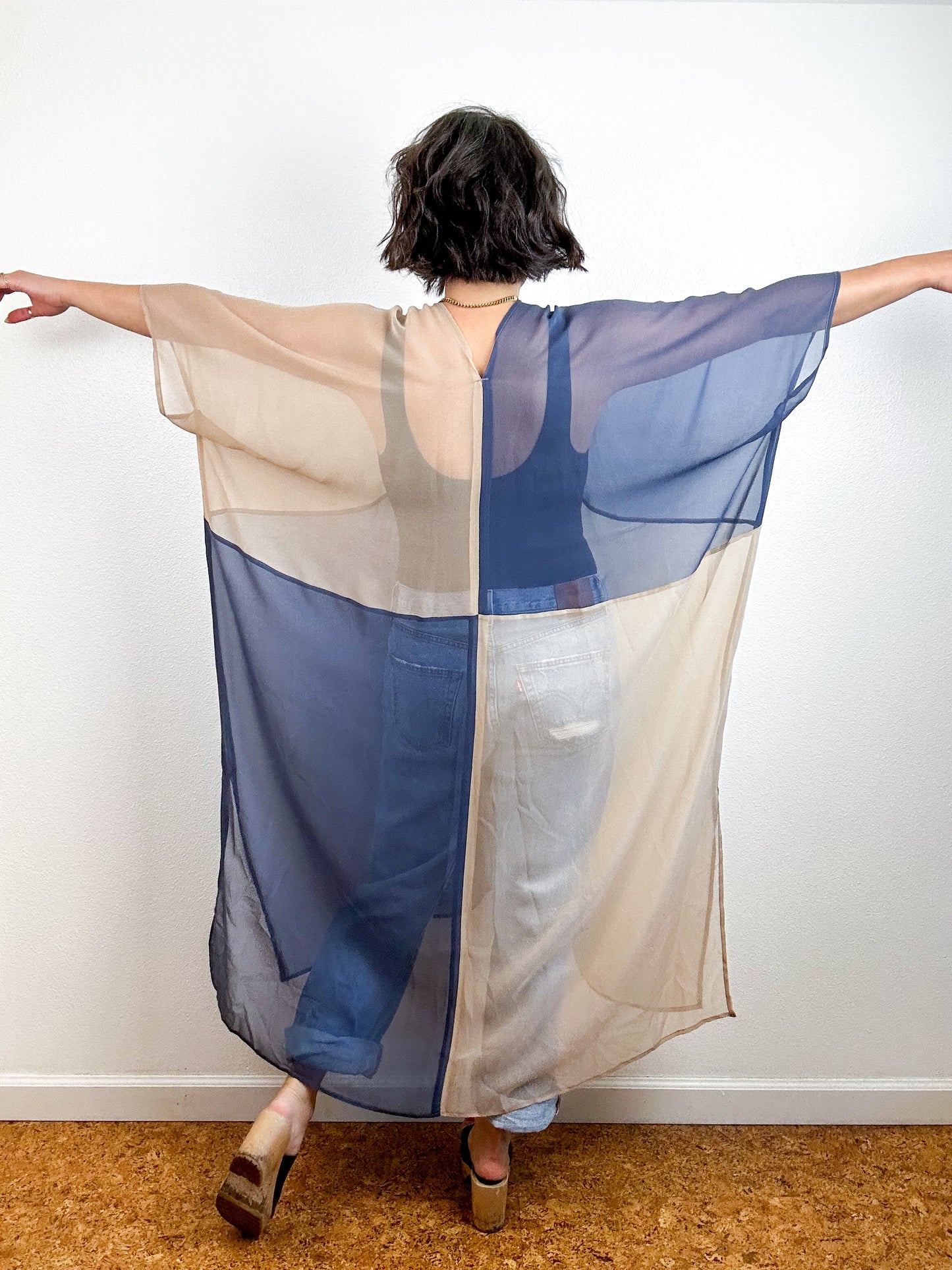 SILK Color Block Midi Caftan Dress Fawn Steel